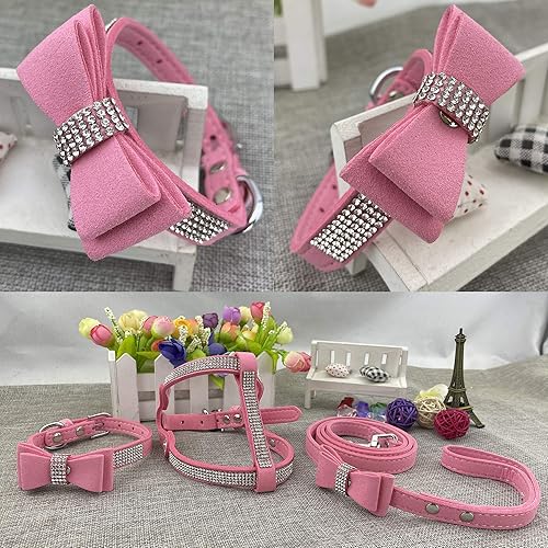 Miniatura 4 de Newtensina Bowtie - Juego de collar y arnés y correa para perro, cómodo y suave collar de cachorro de diamante con arnés y correas para perro, rosa,