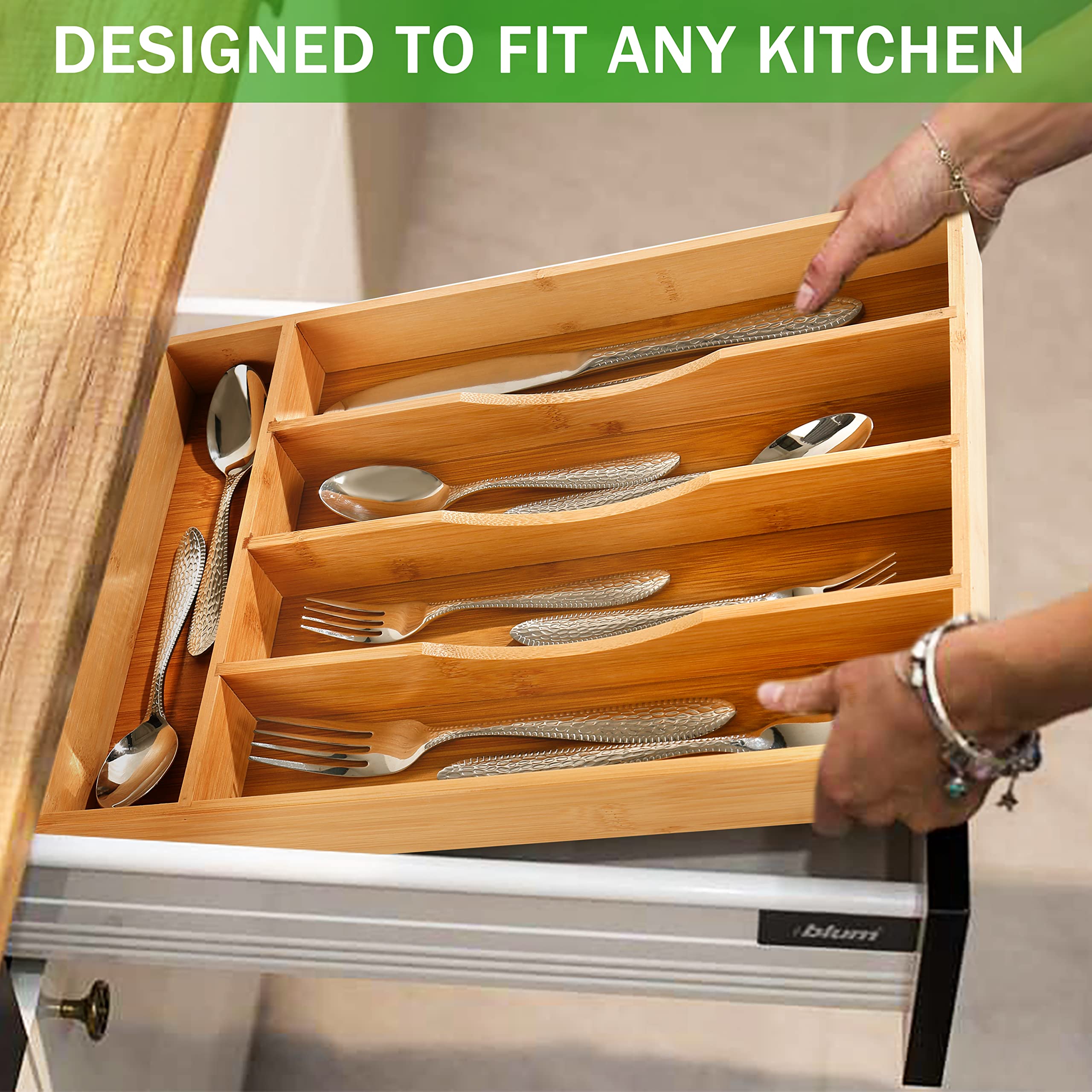 Greenual Organizador de cubiertos de 10 pulgadas, bandeja de cubiertos para cajones, cubiertos, organizador de cubiertos para cocina, madera de bambú