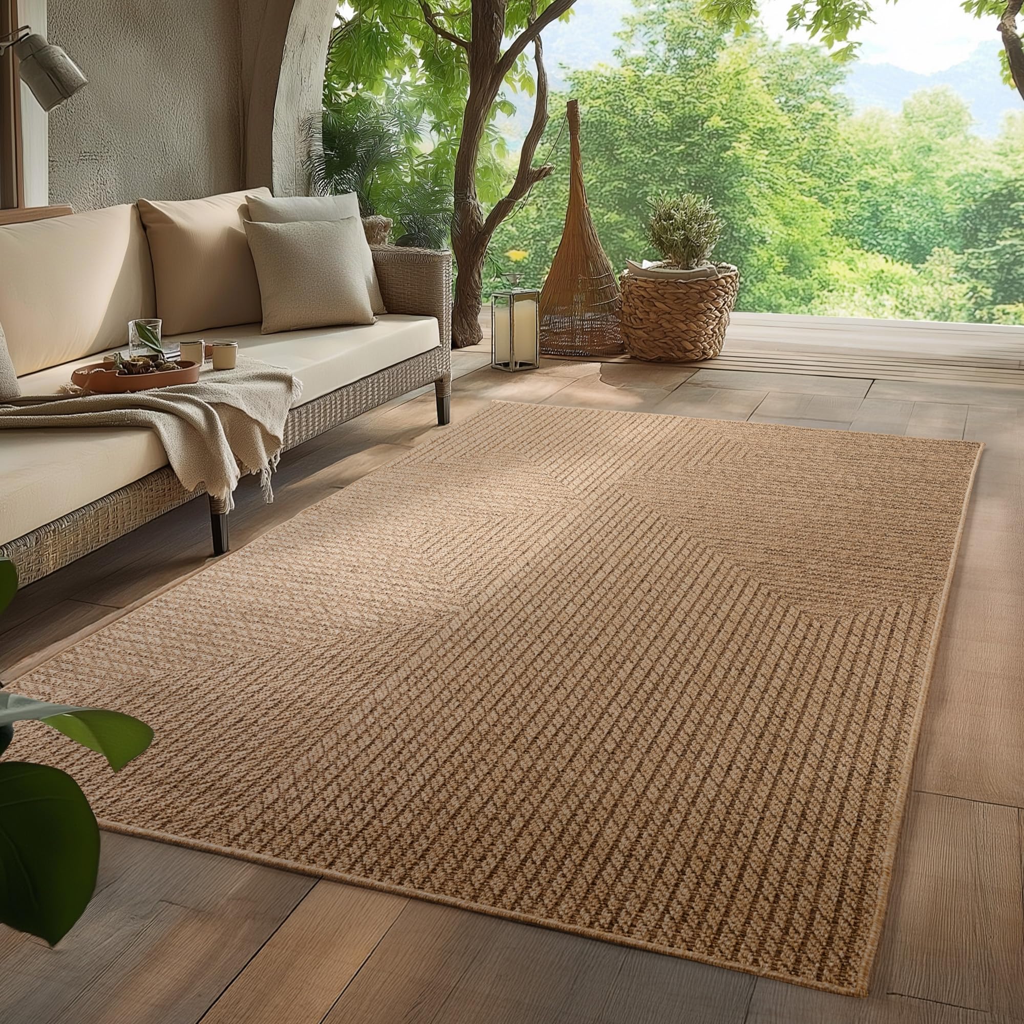 HomebyHome Alfombra Exterior 200x290 cm Resistente a la Intemperie Fácil Cuidado Aspecto Yute Natural Diseño Escandinavo para Salón Dormitorio Terraza Balcón Jardín