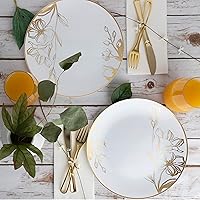 Vista 28 de Plasticpro - Platos de fiesta con diseño floral de plástico blanco con borde dorado, platos desechables pesados, elegantes y de alta calidad