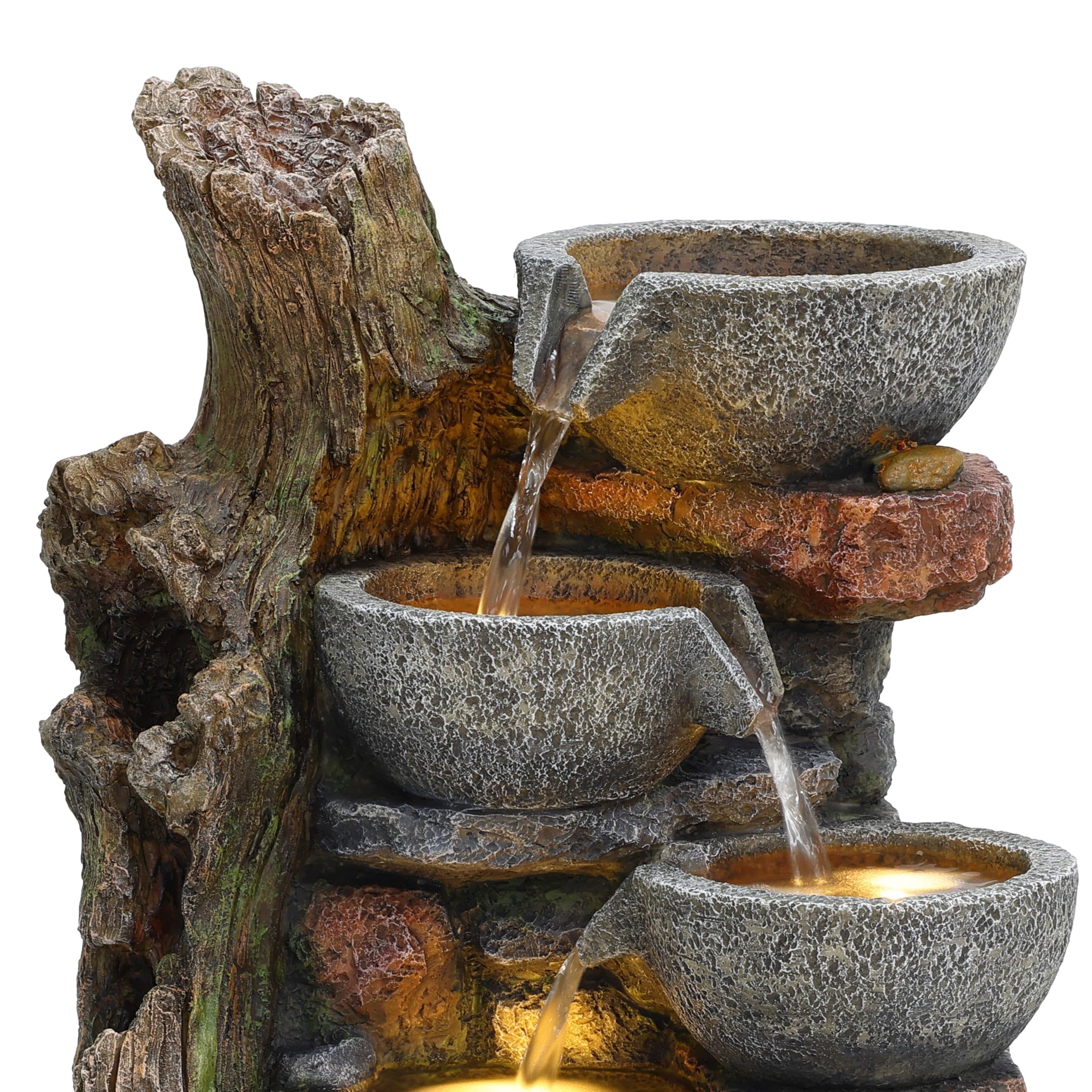 Fuente de Agua Exterior Eléctrica Rústica con 5 Luces LED, Cascada Decorativa Efecto Piedra y Madera para Jardín, Patio o Terraza, IP44 – Rustic Brook