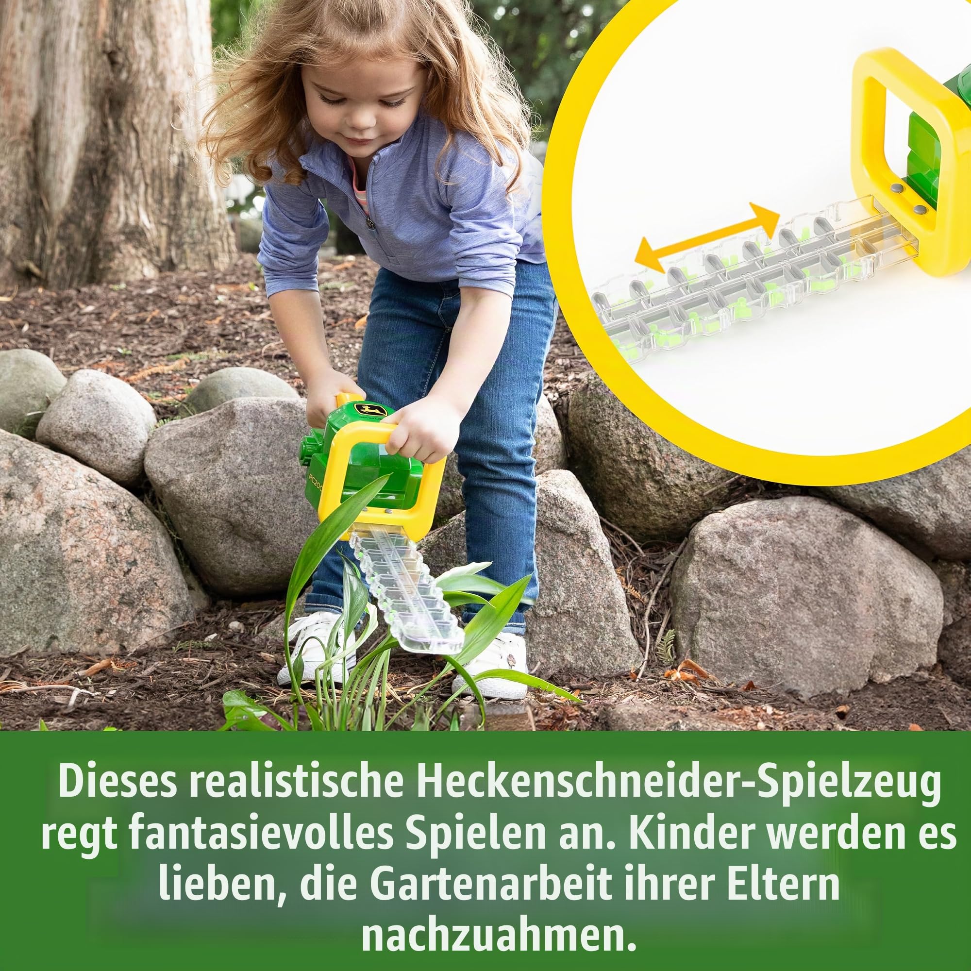 TOMY John Deere Heckenschere – Gartenspielzeug ohne Batterien mit realistischer Mechanik & Soundeffekten – Für Kinder ab 18 Monaten