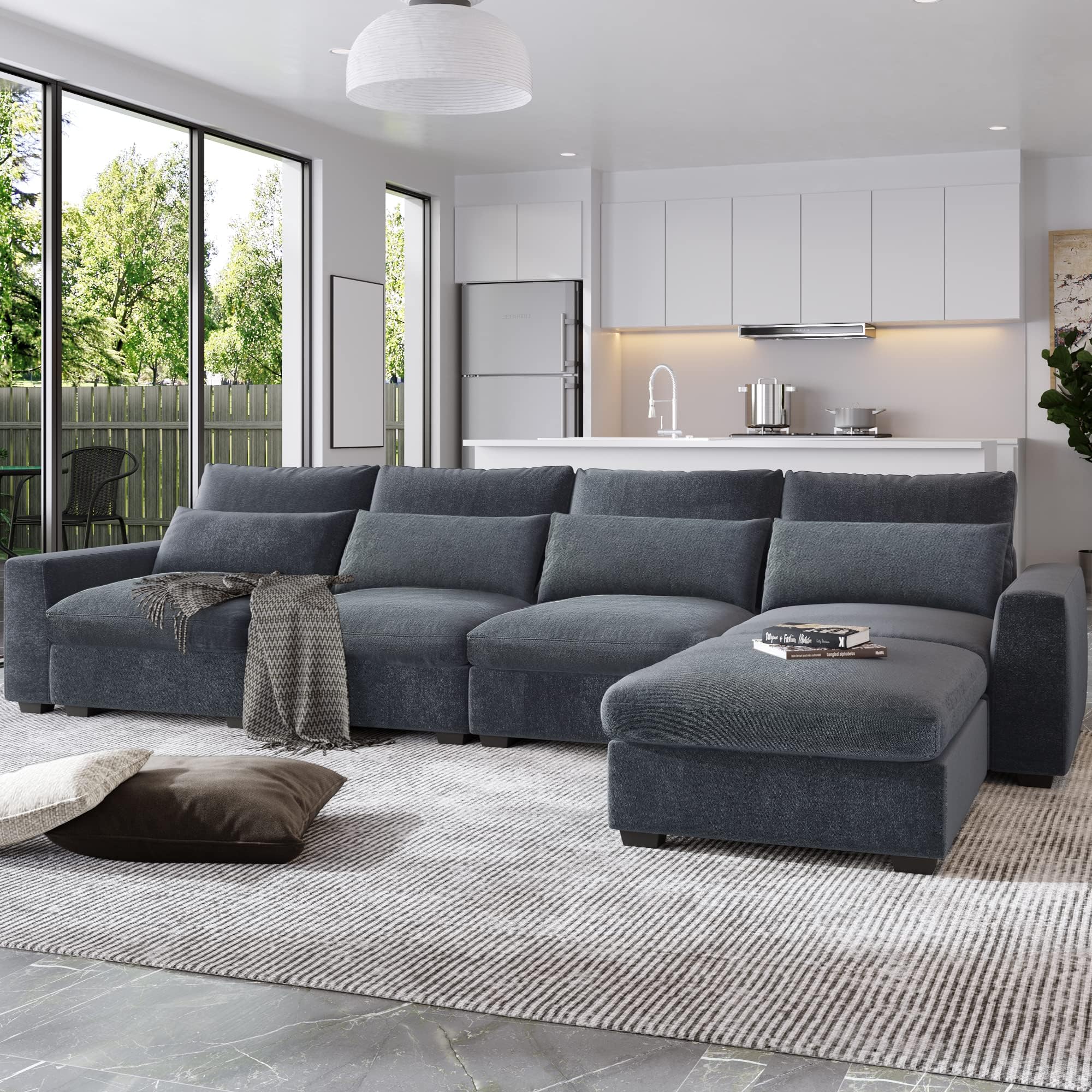 130" Sectional Couch with Chaise Reversible, L Shaped Couch, Feather Filled Cloud Couch, Modern Sectional Couches for Living Room, Modular Sectional Sofa with Pillows for Apartment Office, Dark Gray
