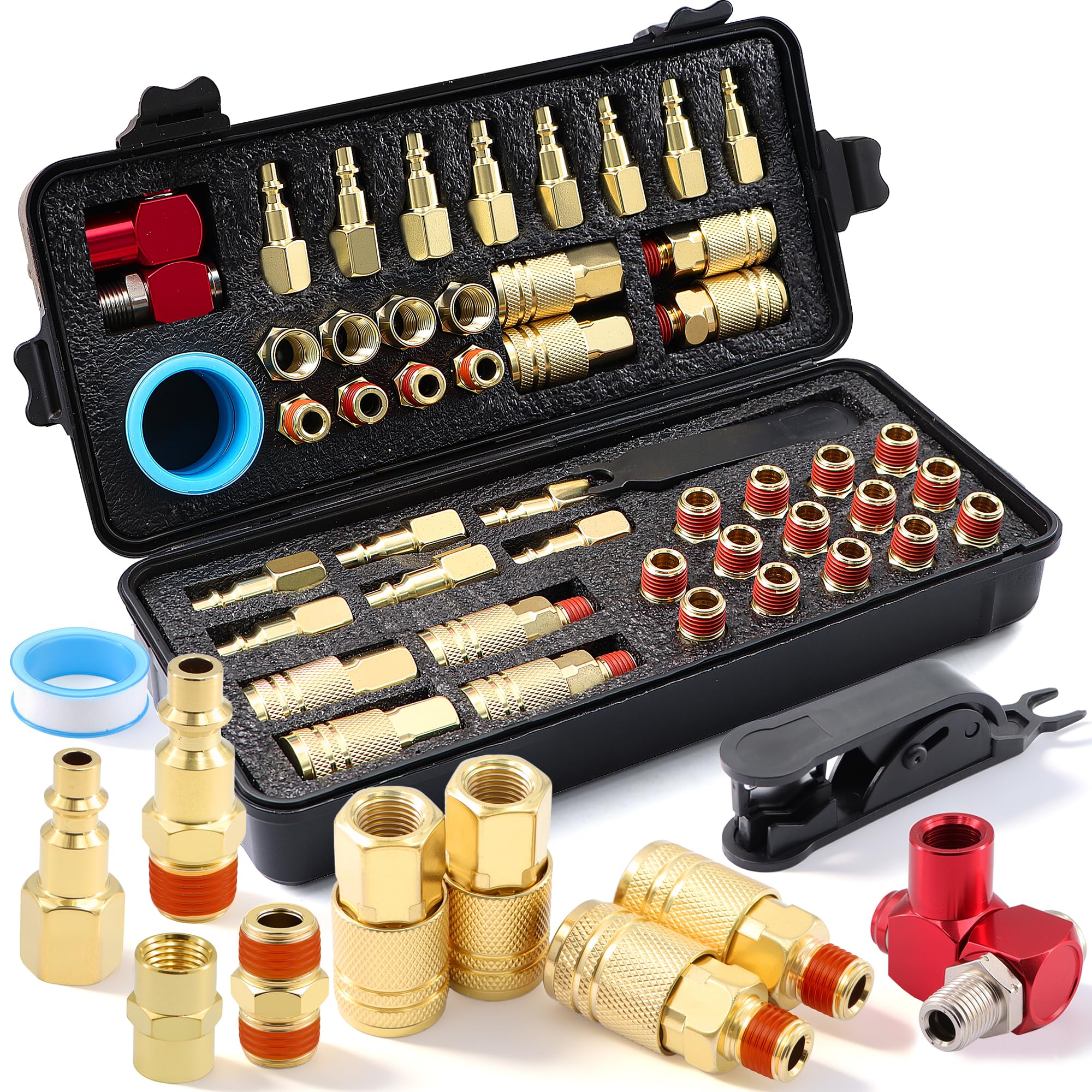 48PCS 1/4" NPT Colored Copper Plated Quick Connect Air Hose Fittings Kit with 360° Swivel, Industrial Grade Pneumatic Couplers and Plugs for Air Compressor, Air Tools, Nail Gun, Tire Inflator