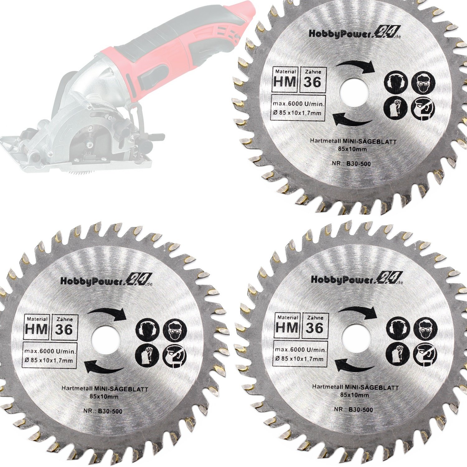 Image secondaire de Lot de 3 mini scies circulaires manuelles HM - Pour bois, stratifié, plastique et aluminium - Diamètre : 85 mm x 10 mm - 36 dent