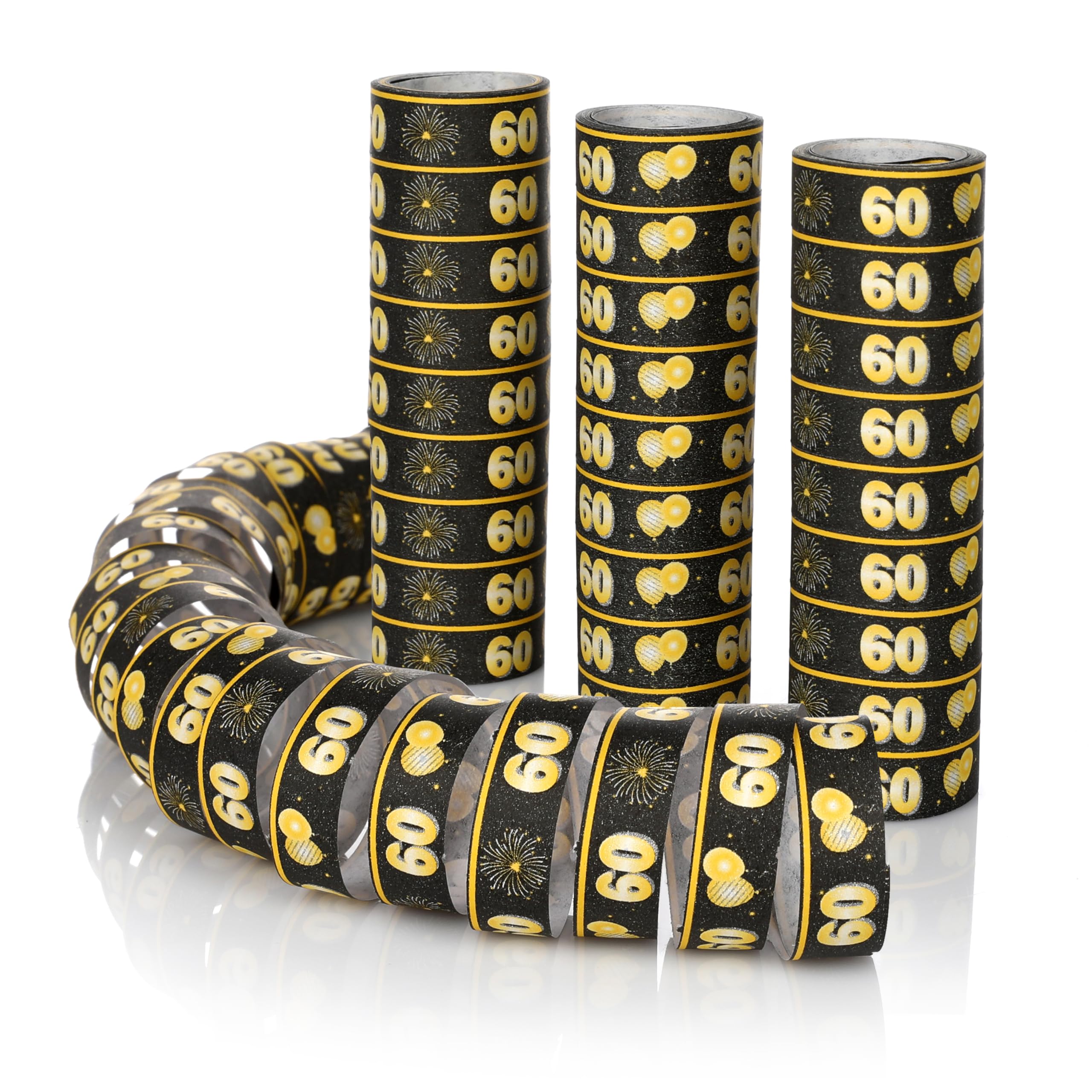 FunX Luftschlangen 60. Geburtstag 3er Pack - Gold Schwarze Party Deko und Tischdeko für Mann oder Frau - Ideal für den Geburtstagstisch