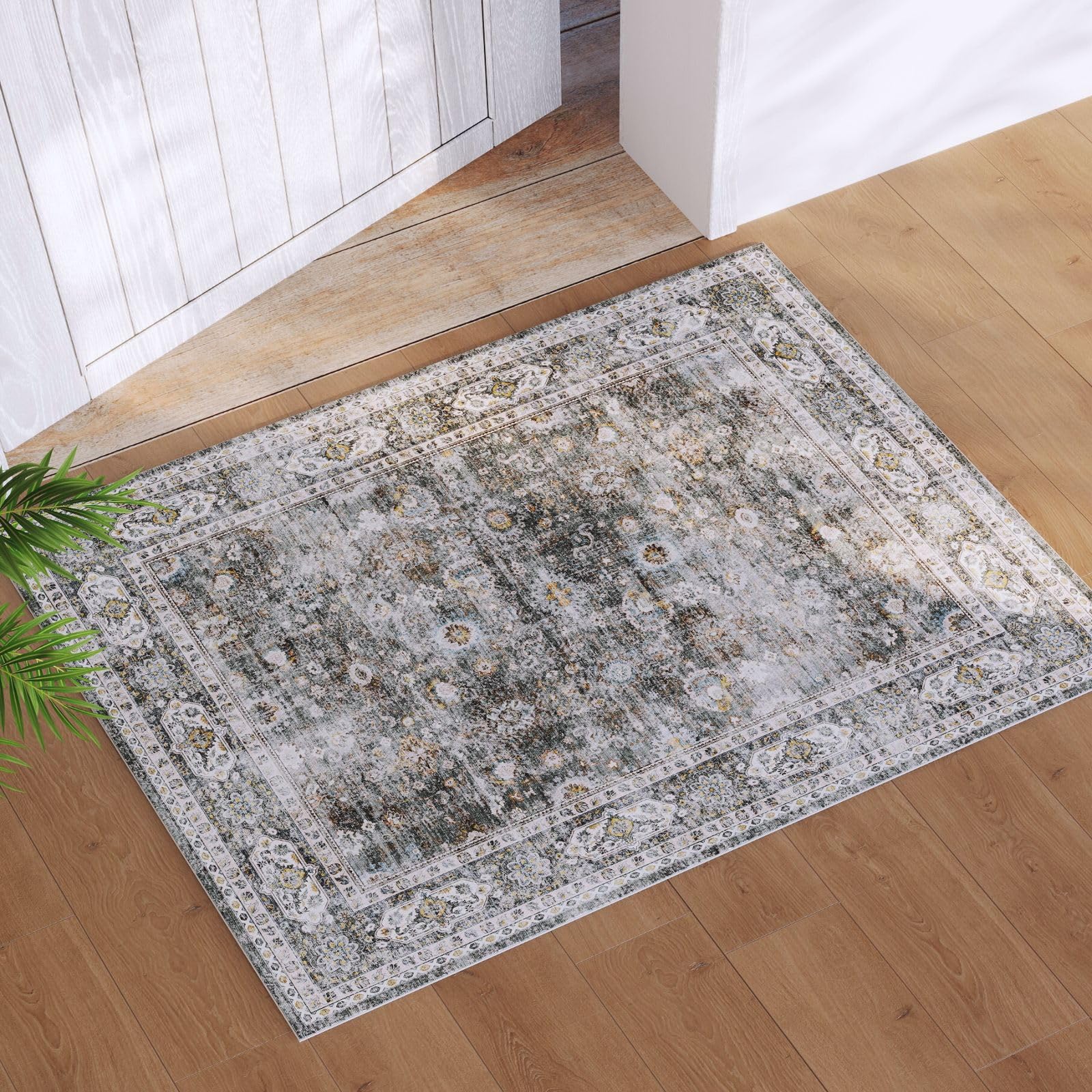 LOOK picture for accurate color of rug Rugcomf 2x3 Rug Washable Boho Rug Soft Small Area Rug Non-Slip Non-Shedding Faux Wool Vintage Rug for Door Mat, Kitchen, Floor, Entryway, Powder Room (Grey)