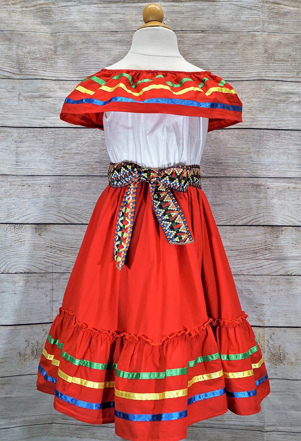 Girls Mexican Folkloric Dress for Cinco De Mayo, Birthday, and Fiesta Costume with Colorful Ribbon Trim and Embroidered Sash