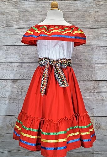 Miniatura 8 de Vestido folclórico mexicano para niñas Disfraz tradicional de fiesta estilo Jalisco con ribete colorido de cinta y banda bordada