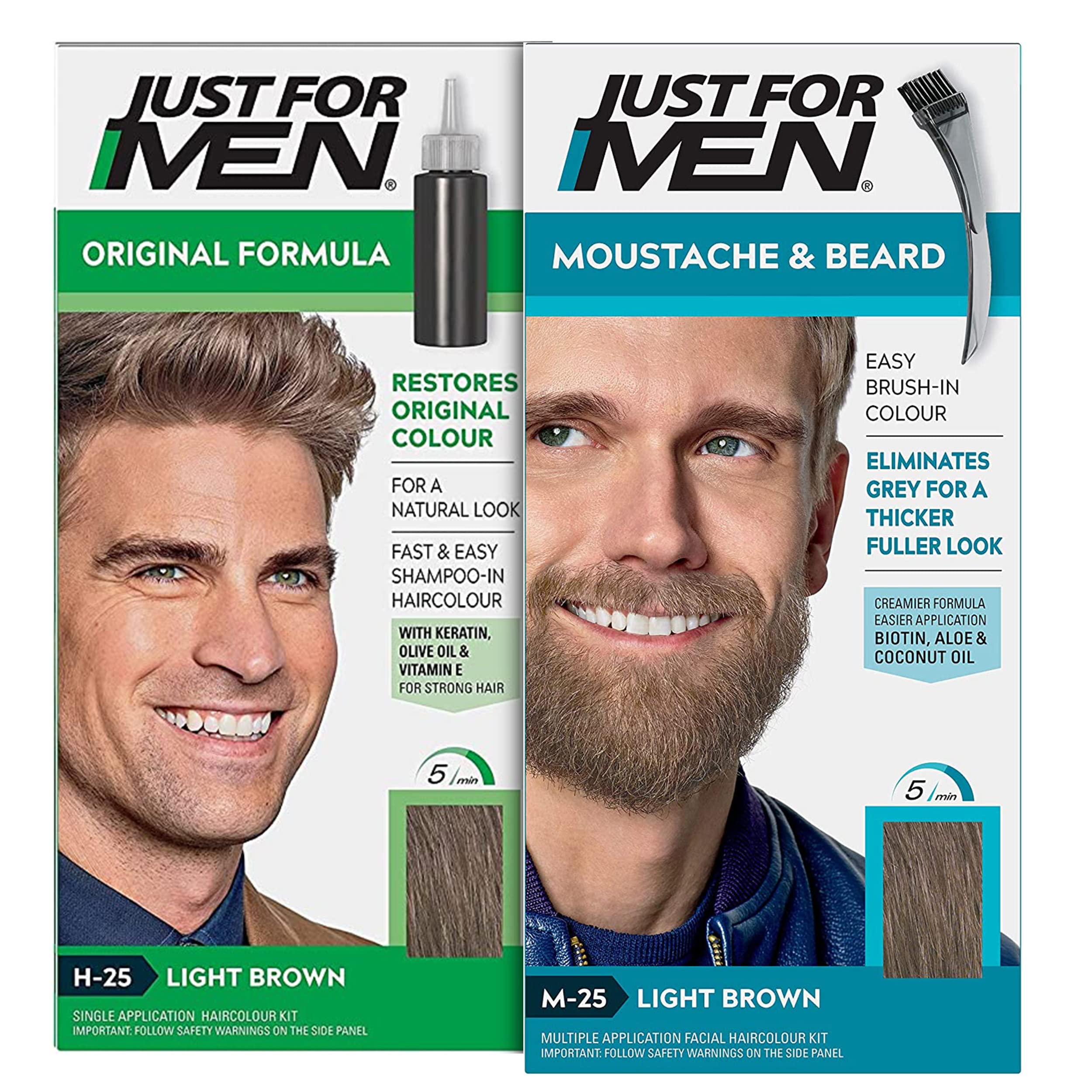 Original Formula Light Brown Hair Dye, Natural Look – H25 & Just for Men Moustache & Beard Light Brown Dye, Eliminates Grey – M25