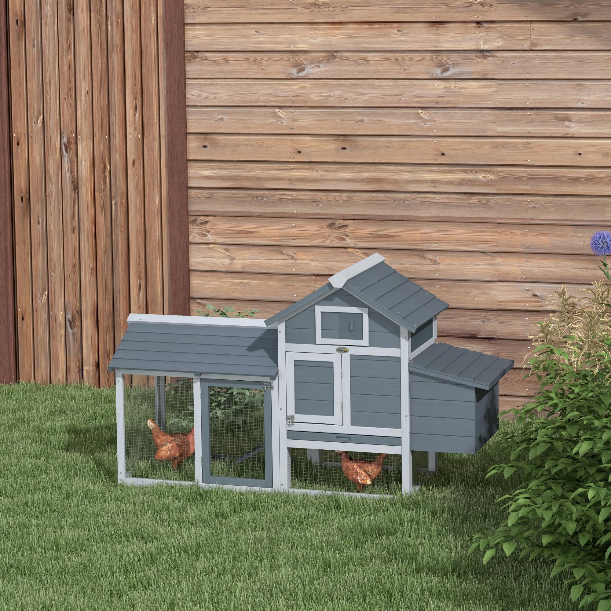 PawHut Petit poulailler Cottage Cage à Poules sur Pied dim. 150,5L x 54l x 87H cm Multi-équipement Bois Massif de Sapin | Multi-Équipement, Bois Massif de Sapin