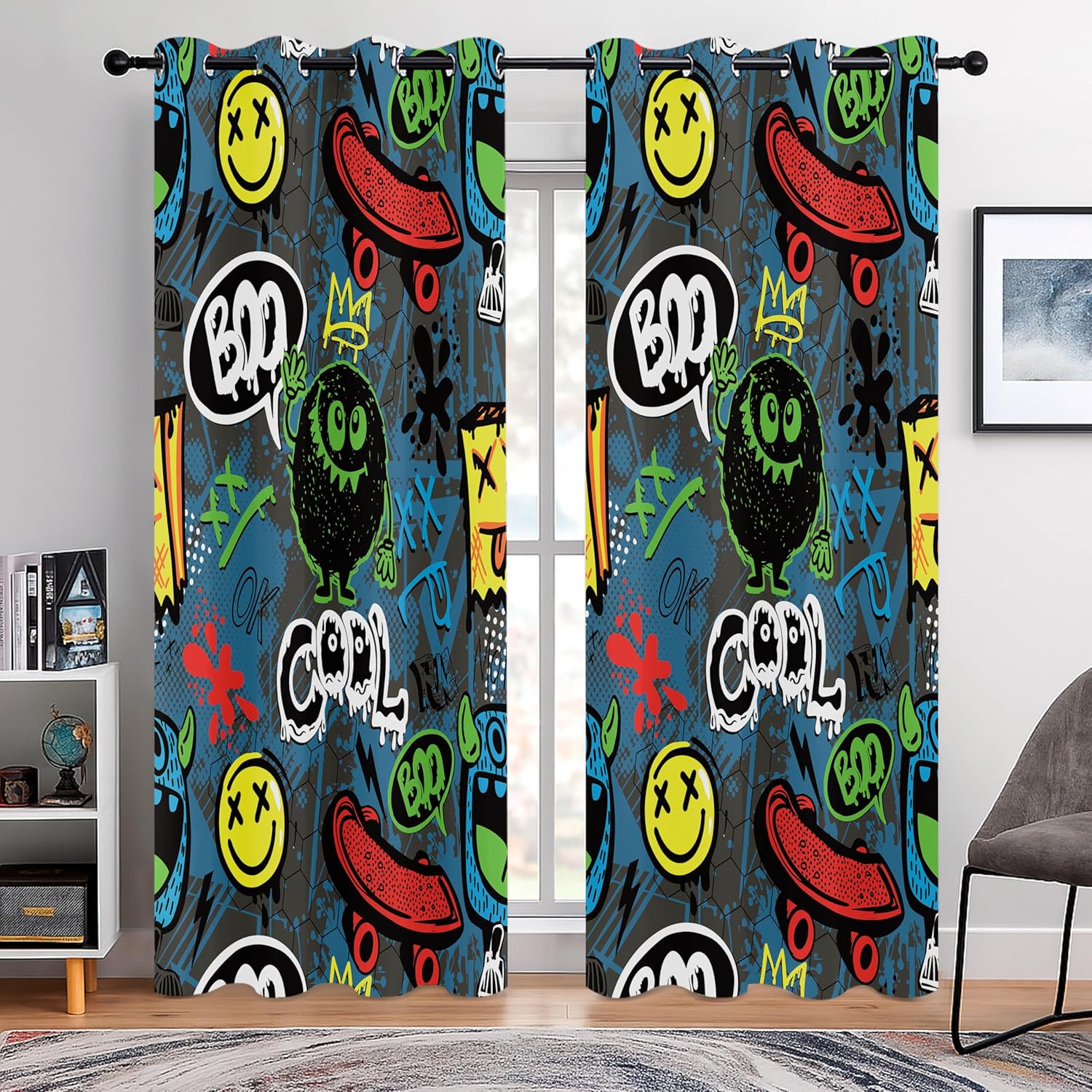 Teen Graffiti Blackout Curtains - 100% Blackout, Bold Street‑Art, Thermal Insulated, Noise Reduced, Perfect for Teen Boys Room, Game Room (Monster Skate Graffiti, W52xL84, 2 Panels)