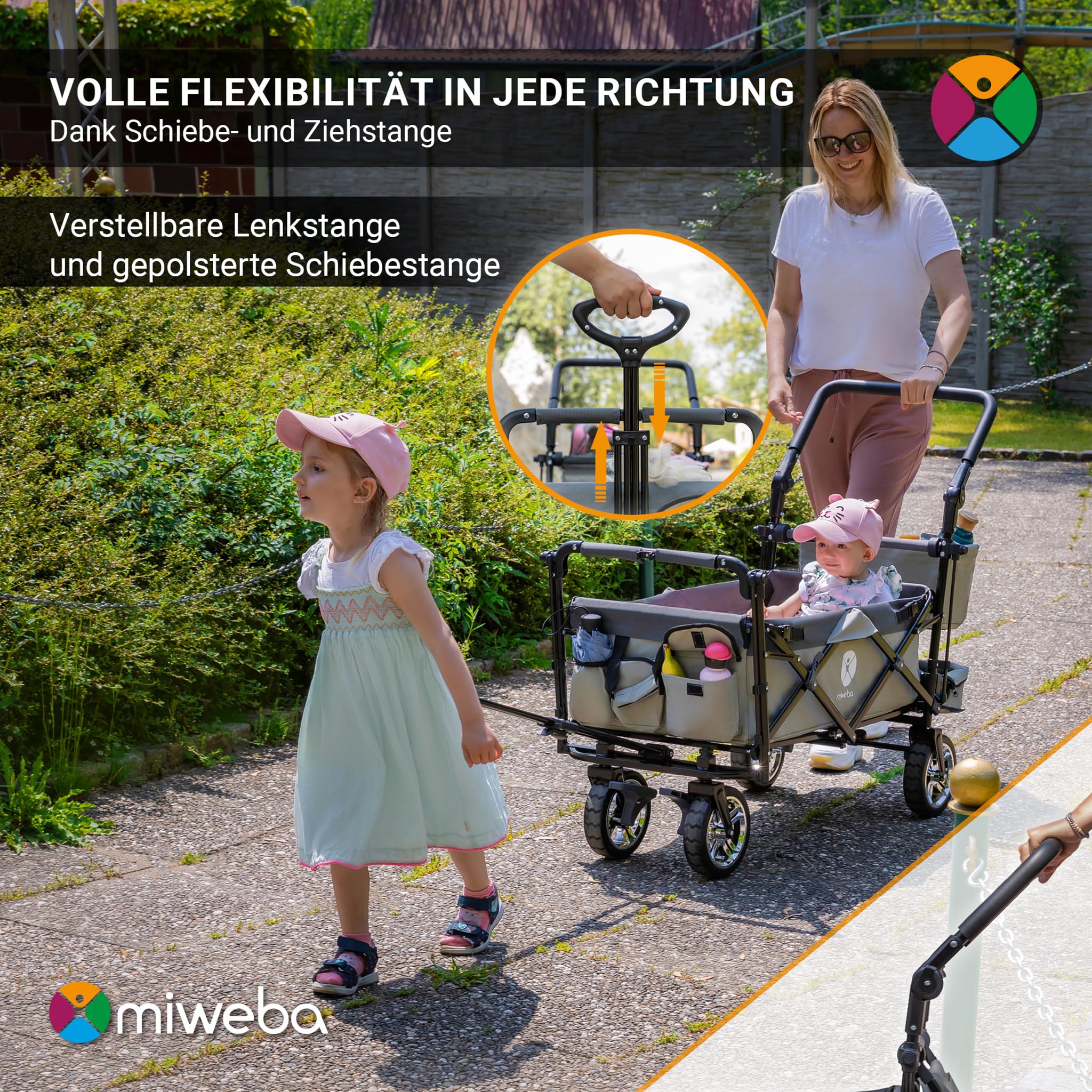 Miweba Faltbarer Bollerwagen MB-20 | Sonnendach UV-beständig - 2X Anschnallgurte - Transportwagen für Kinder - Traglast 100 Kg - Wagen - Feststellbremse - Hartgummireifen (Grau)