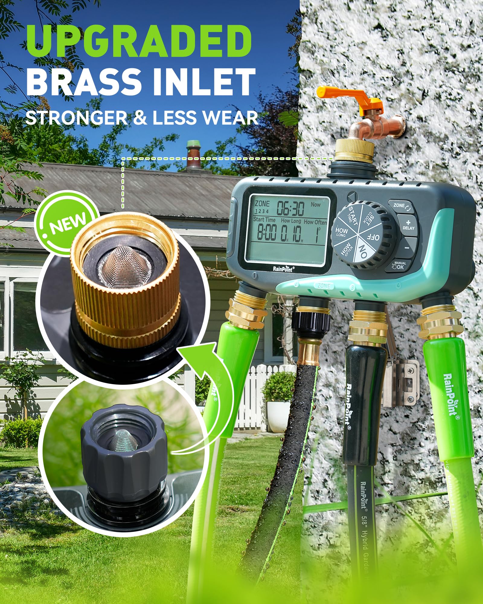 RAINPOINT Minuteur d'arrosage numérique à 4 zones, minuterie d'irrigation d'eau programmable avec retard de pluie, système d'arrosage automatique manuel pour tuyaux d'arrosage de pelouse et cour