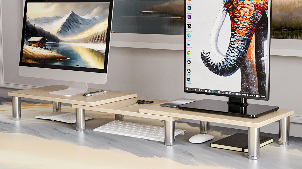 Supporto Per Doppio Monitor In Legno - Regolabile In Altezza E Angolo, Con Spazio Di Archiviazione - Foto 5