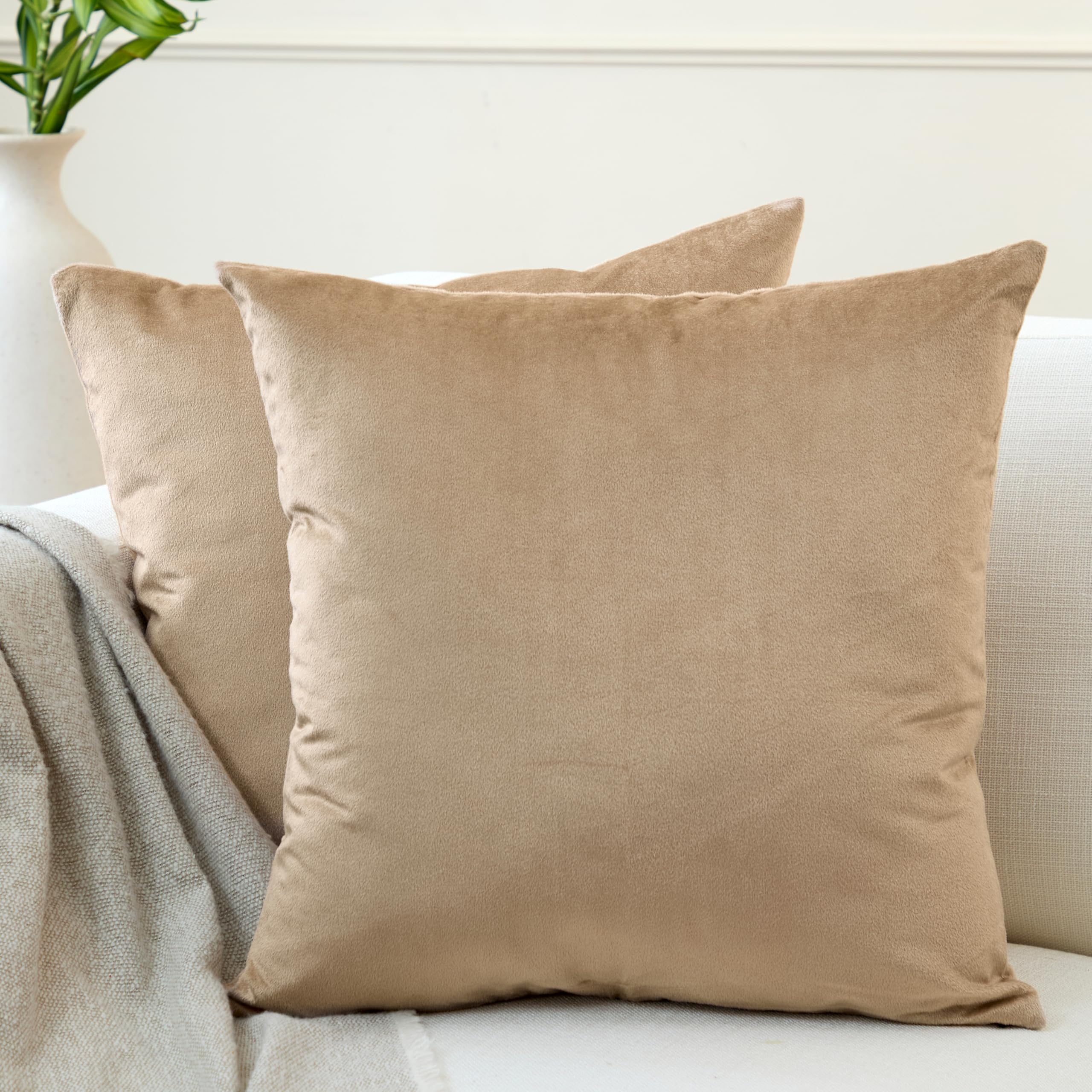 Encasa XO Set 2 pezzi di coperture ammortizzanti in VELLUTO (60x60 cm), Beige- semplici, resistenti, morbide e liscie, lavabili, a grandi quadrati decorativi, cuscino federa per divano, sofa