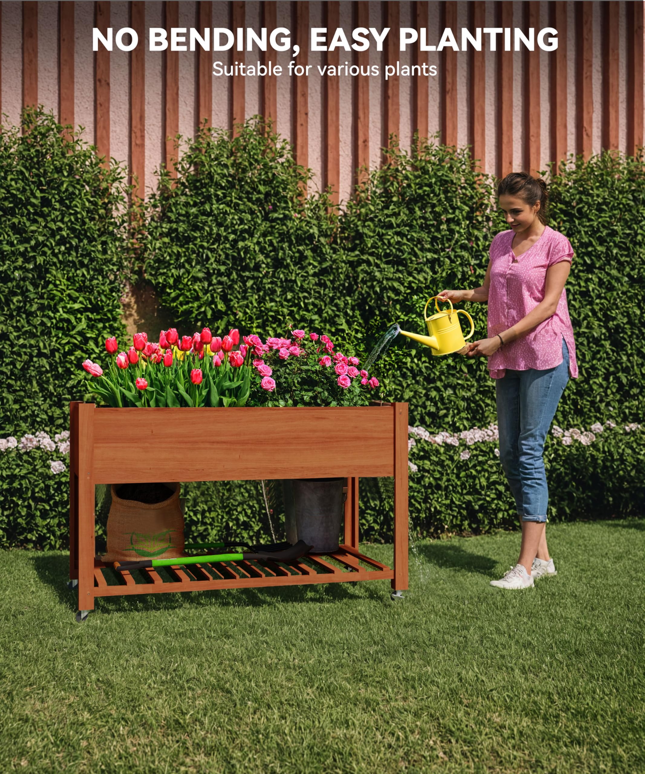 GarveeHome Cama elevada de Madera para jardín con Ruedas y Estante Inferior – Caja Jardinera Resistente con Forro Protector – Ideal para Cultivar Verduras, Hierbas y Flores en Patio, terraza o jardín