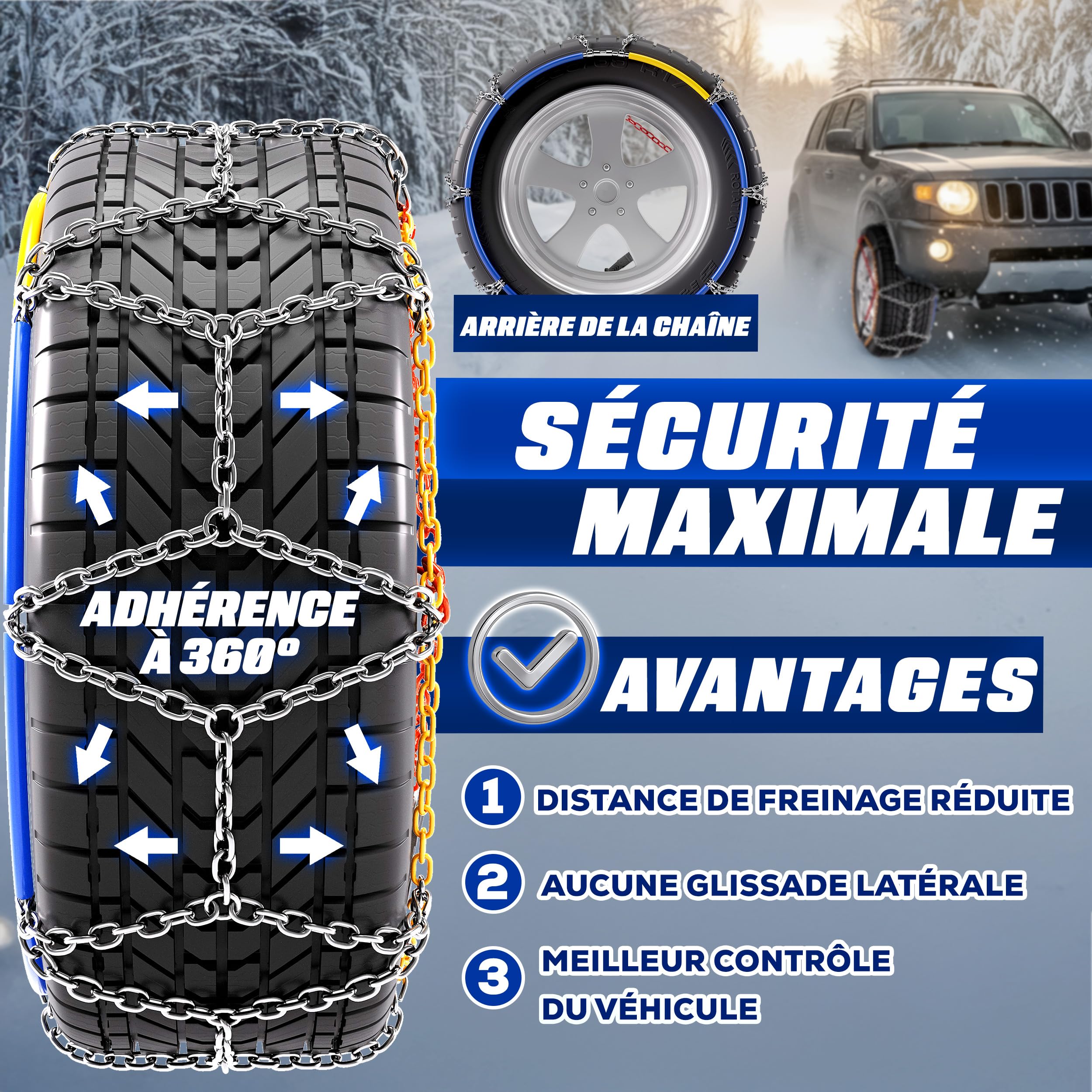 TRESKO® Lot de 2 chaînes à neige pour voiture avec gants et boîte de rangement | Chaînes à neige en métal pour voiture | Chaînes à neige EN 16662-1 & ÖNORM V5117 | Montage rapide | Pour avant, arrière