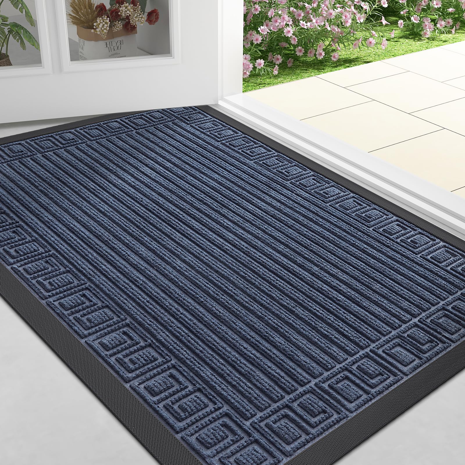 Finchitty Front Door Mat Outdoor Entrance, Heavy Duty Sturdy Rubber Doormat, Stain and Fade Resistant, Easy to Clean, Low Profile Indoor Outdoor Mat for Entryway and Patio, 47x32, Navy