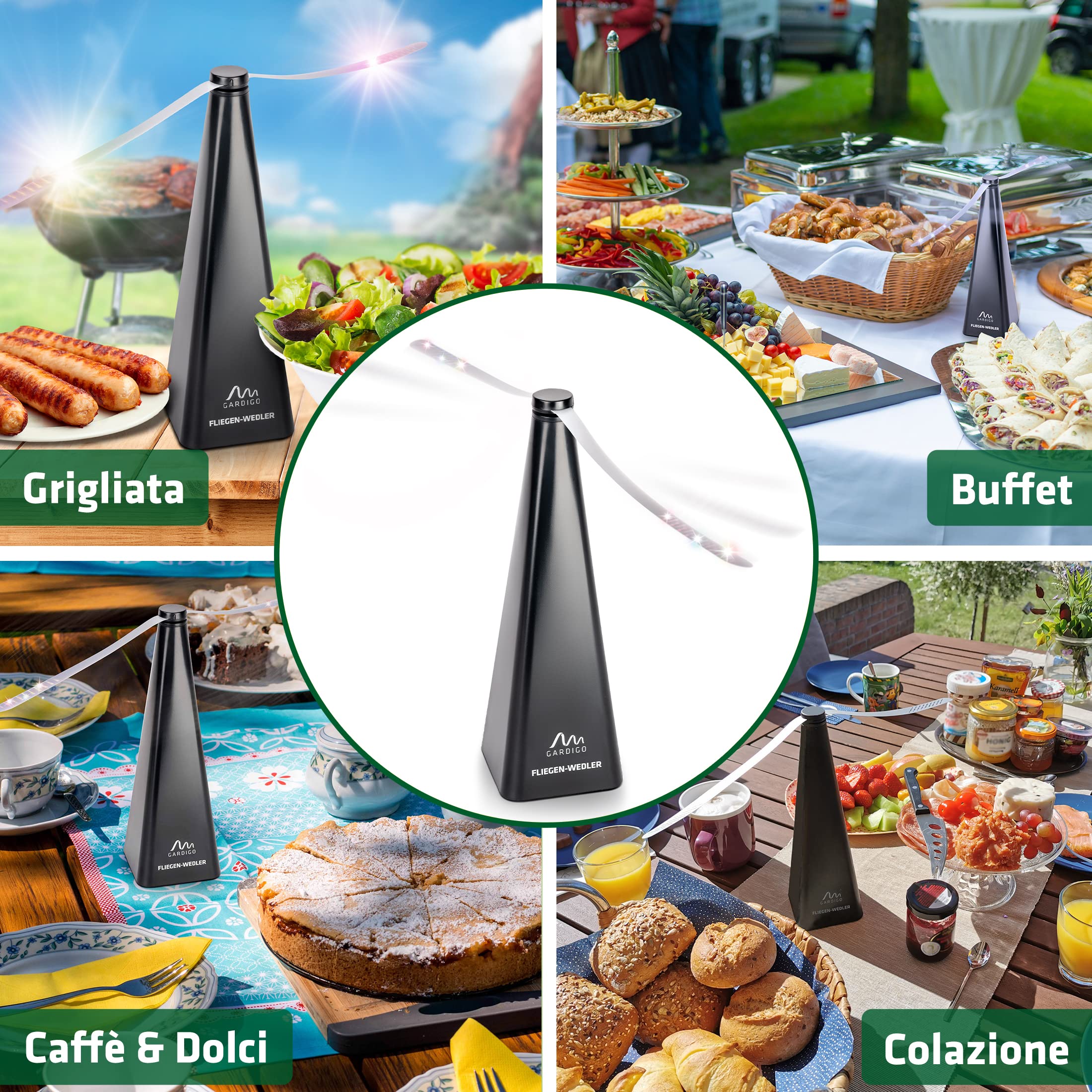 GARDIGO® 4x Scaccia Mosche | Ventilatore Anti Mosche | Scacciamosche da Tavolo con Gancio | Repellente Insetti dal Cibo | Antimosche per Casa, Picnic, Ristorante, Barbecue | Protezione contro Insetti