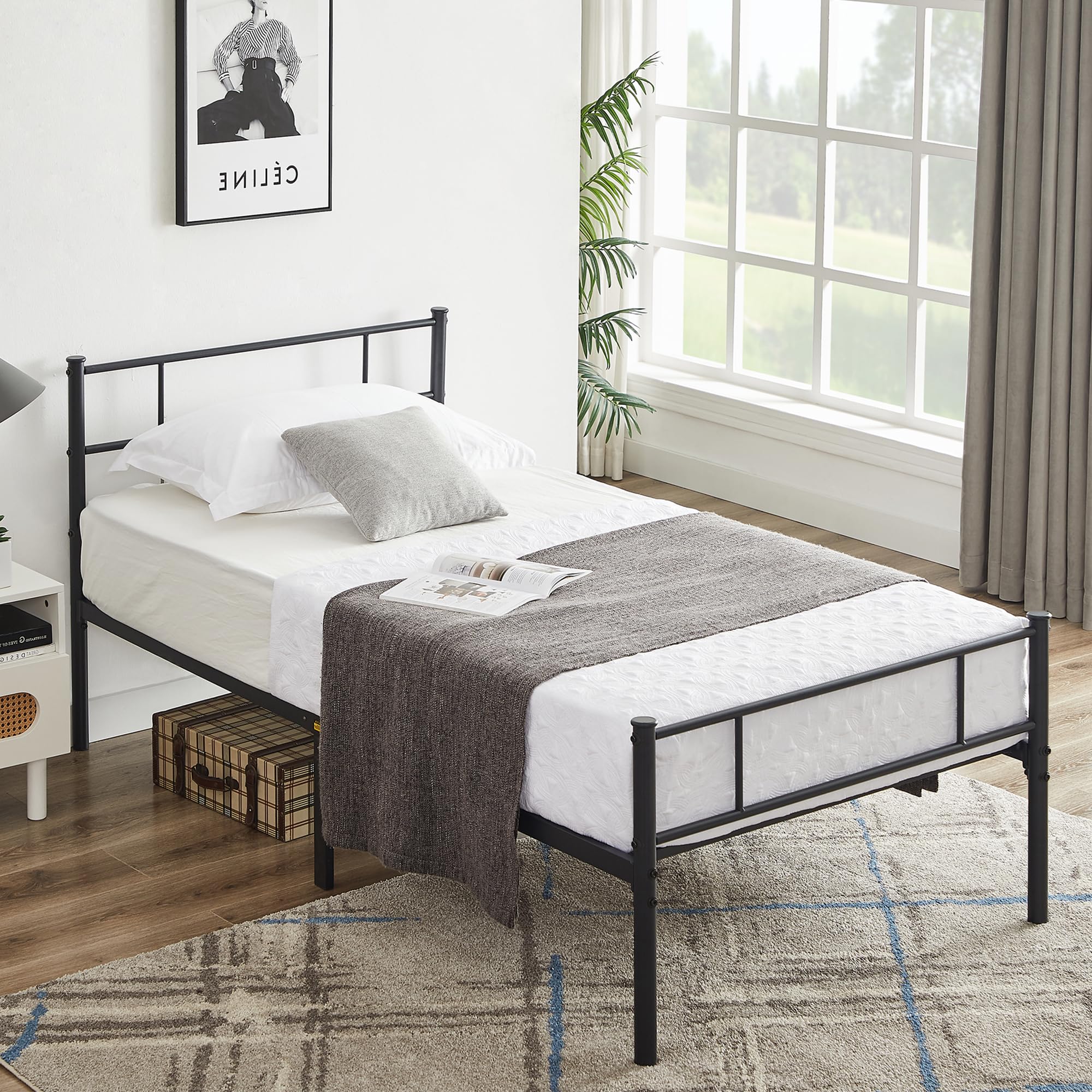 VECELO Twin Platform Bed Frame with Headboard and Footboard, 12'' Under-Bed Storage & Strong Metal Slats Support, No Box Spring Needed