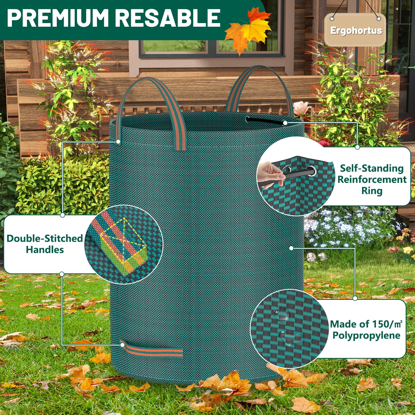 Sac Déchets Verts Résistant Ergohortus – 3x500 L Sacs à Déchets de Jardin Réutilisables avec Poignées, Sacs Végétaux de Jardin Pliables Pour Feuilles et Déchets– Sacs Poubelles de Jardin Imperméables