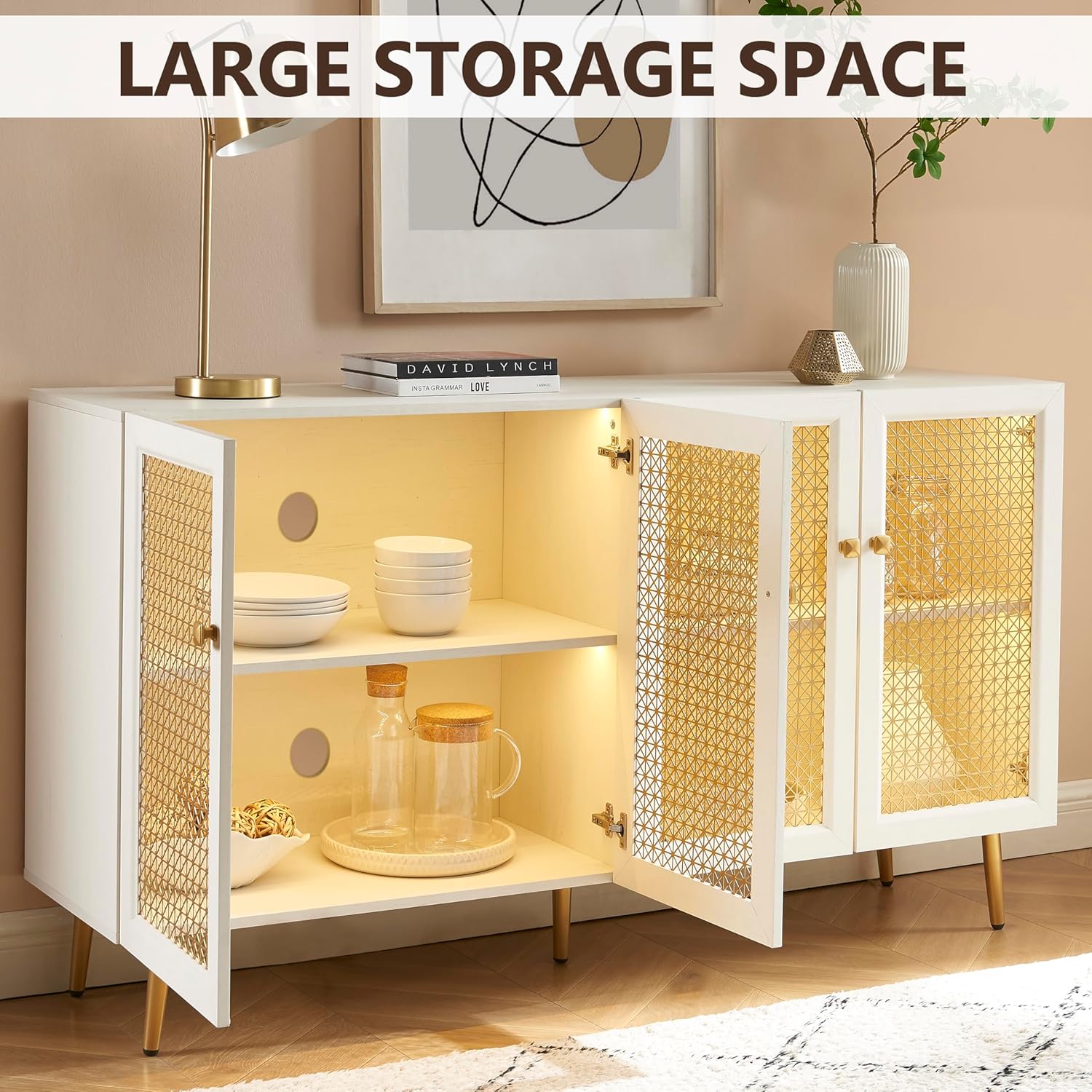 63" Large Buffet Sideboard with LED Light, Storage Accent Cabinet with 4 Doors, Wood Console Cabinet for Living Room, White