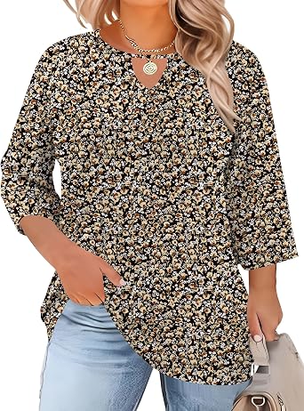 Rapbin Womens Plus Size Tops 3/4 Length Sleeve Shirts Crewneck Dressy Casual Blouses Trendy Keyhole Tunic Top XL-5XL