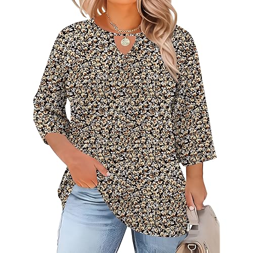 Rapbin Womens Plus Size Tops 3/4 Length Sleeve Shirts Crewneck Dressy Casual Blouses Trendy Keyhole Tunic Top XL-5XL