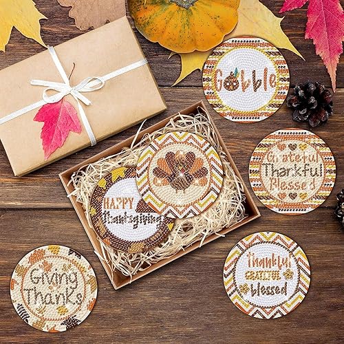 Miniatura 6 de 8 piezas de posavasos de pintura de diamantes para el día de Acción de Gracias, con soporte, posavasos antideslizantes para adultos, kits de pintura