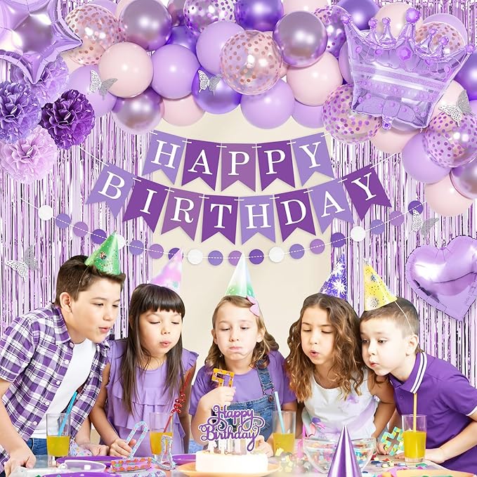 Kit Decoración Fiesta Morado Rosa Globos Cortina Banderín miniatura 5