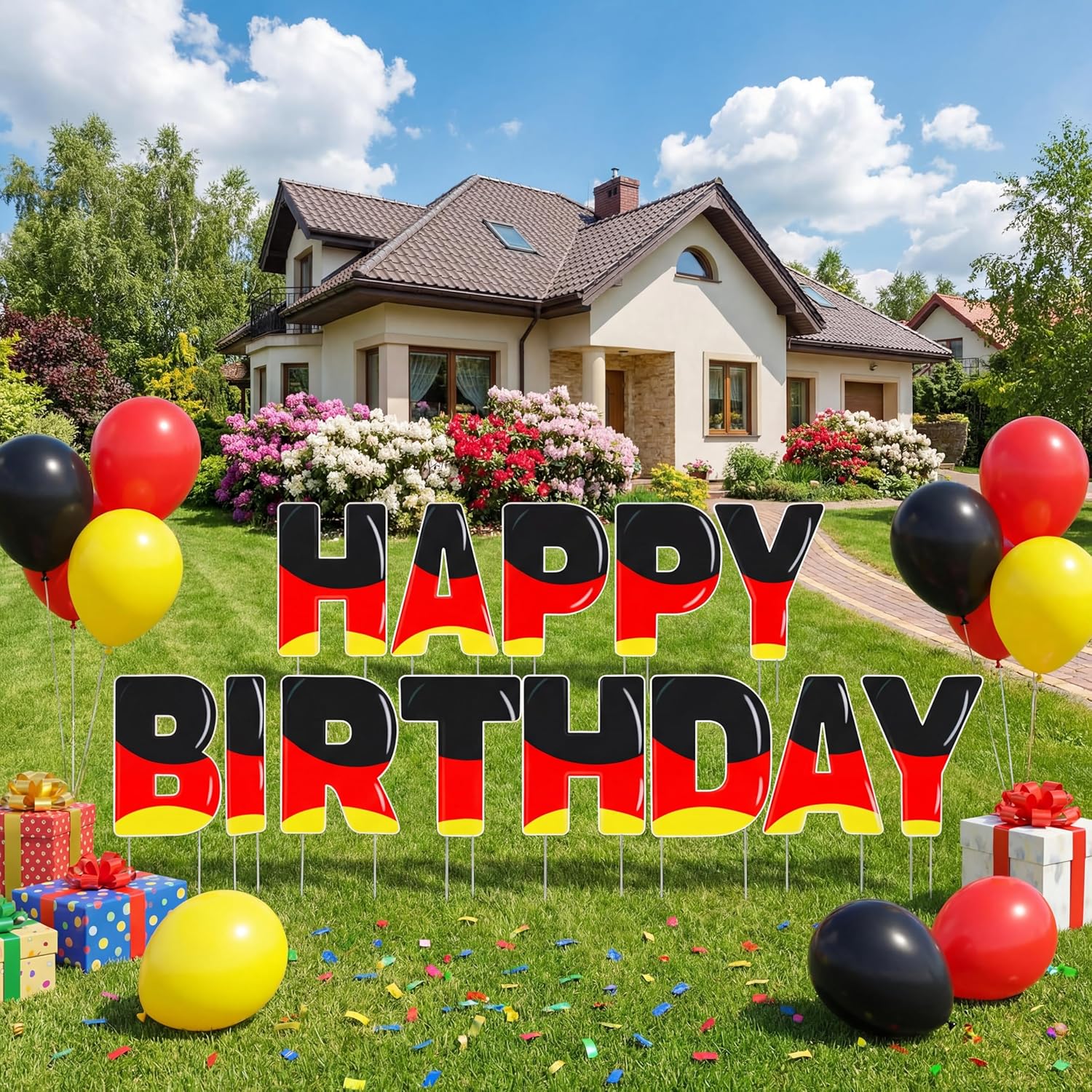 13 Pcs Happy Birthday Yard Signs with Stakes, 15"x10" Cartoon Theme Birthday Garden Lawn Decoration, Weatherproof Outdoor Ground Insert Set for Party Patio Decor(Black Red)