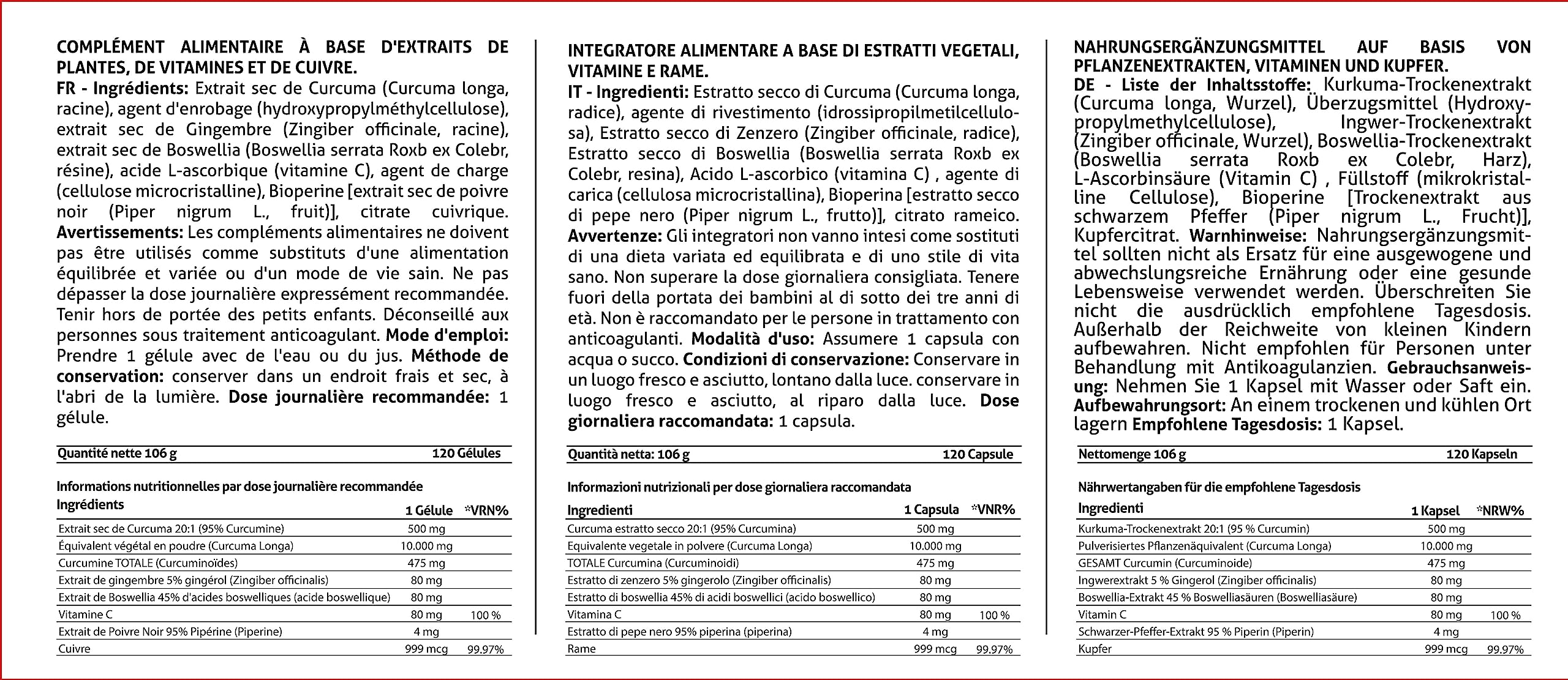 CURCUMA 10000 mg .120 gélules Curcumine pure 95% d'extrait .Gingembre, Poivre noir, Boswellia, Vitamine C et Cuivre | Hautement résorbable | Full Complex