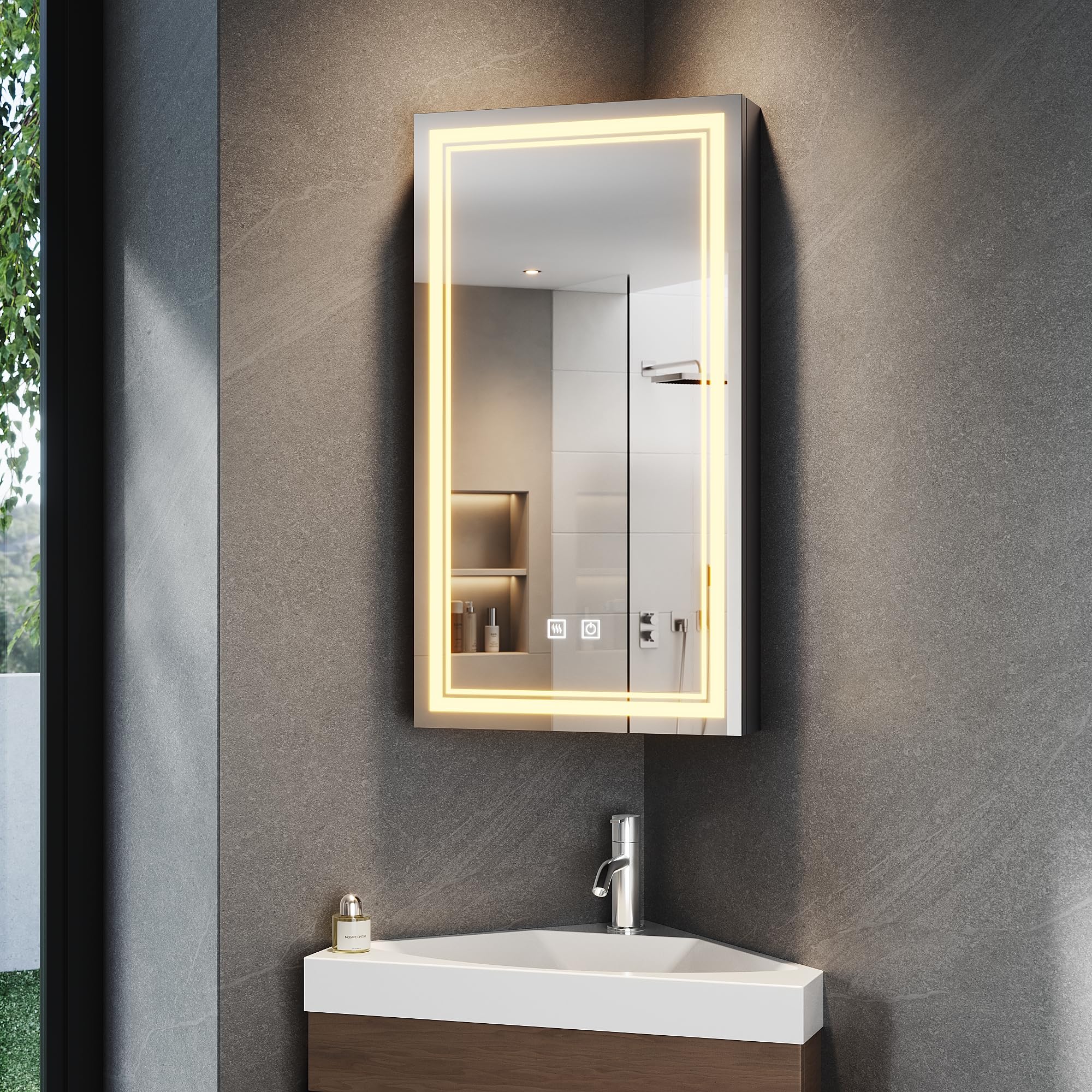 SONNI Armoire miroir d'angle avec éclairage, armoire à miroir triangulaire LED avec prise, intensité variable, 3 couleurs à intensité variable, armoire murale de salle de bain sans brouillard, armoire