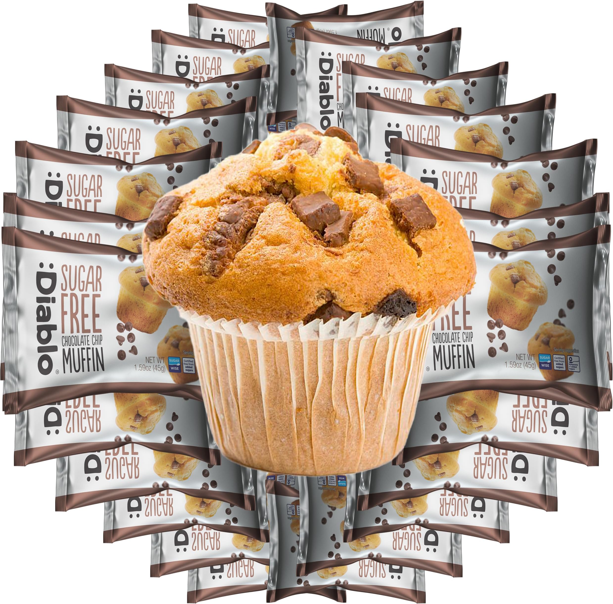 Diablo Sugar Free Chocolate Chip Muffin Cupcake - Sweetened with Maltitol, Halal & Kosher Approved, Sugar Free Snacks - Perfect for Gifting, Birthdays, Special Occasions - 45g Each, Pack of 24