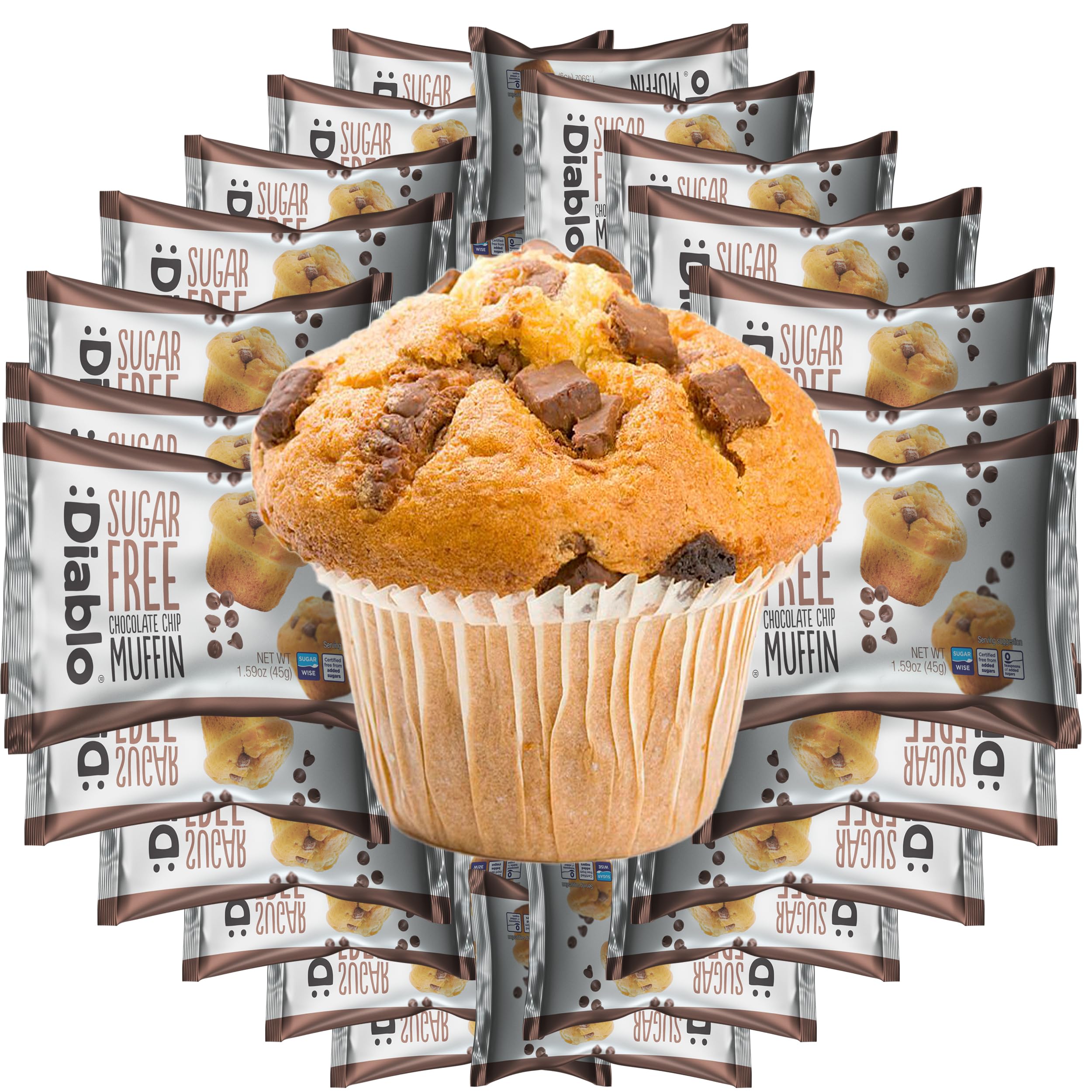 Diablo Sugar Free Chocolate Chip Muffin Cupcake - Sweetened with Maltitol, Halal & Kosher Approved, Sugar Free Snacks - Perfect for Gifting, Birthdays, Special Occasions - 45g Each, Pack of 24