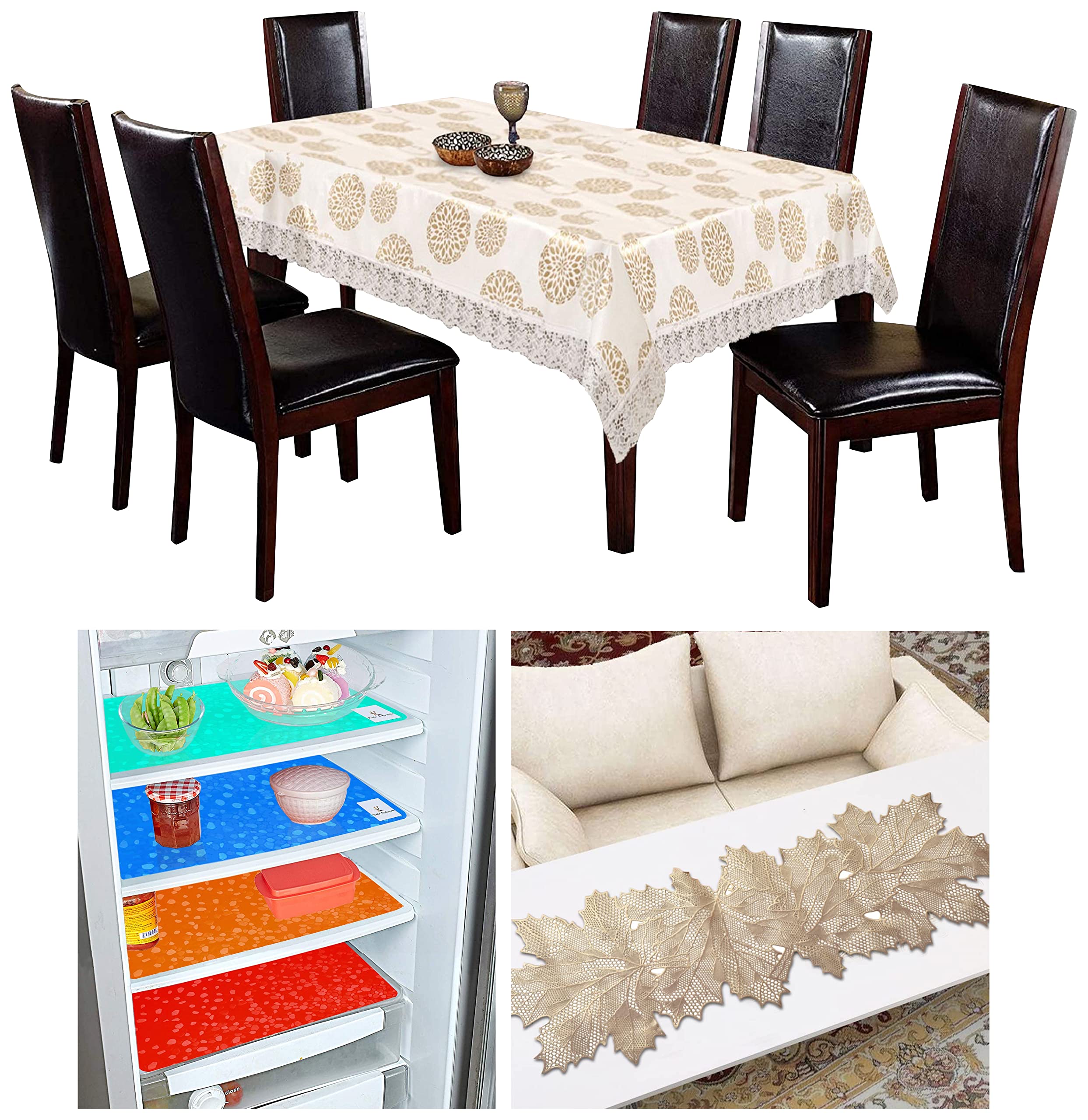 Kuber Industries Floral Design PVC 6 Seater Dining Table Cover 60"x90" (Cream) - CTKTC040413 & Leaf Design Soft Leather Table Runner (Gold) & Diamond Design 4 Pieces PVC Refrigerator Drawer Mat Set (B0BC26MSN7) Amazon Price History, Amazon Price Tracker