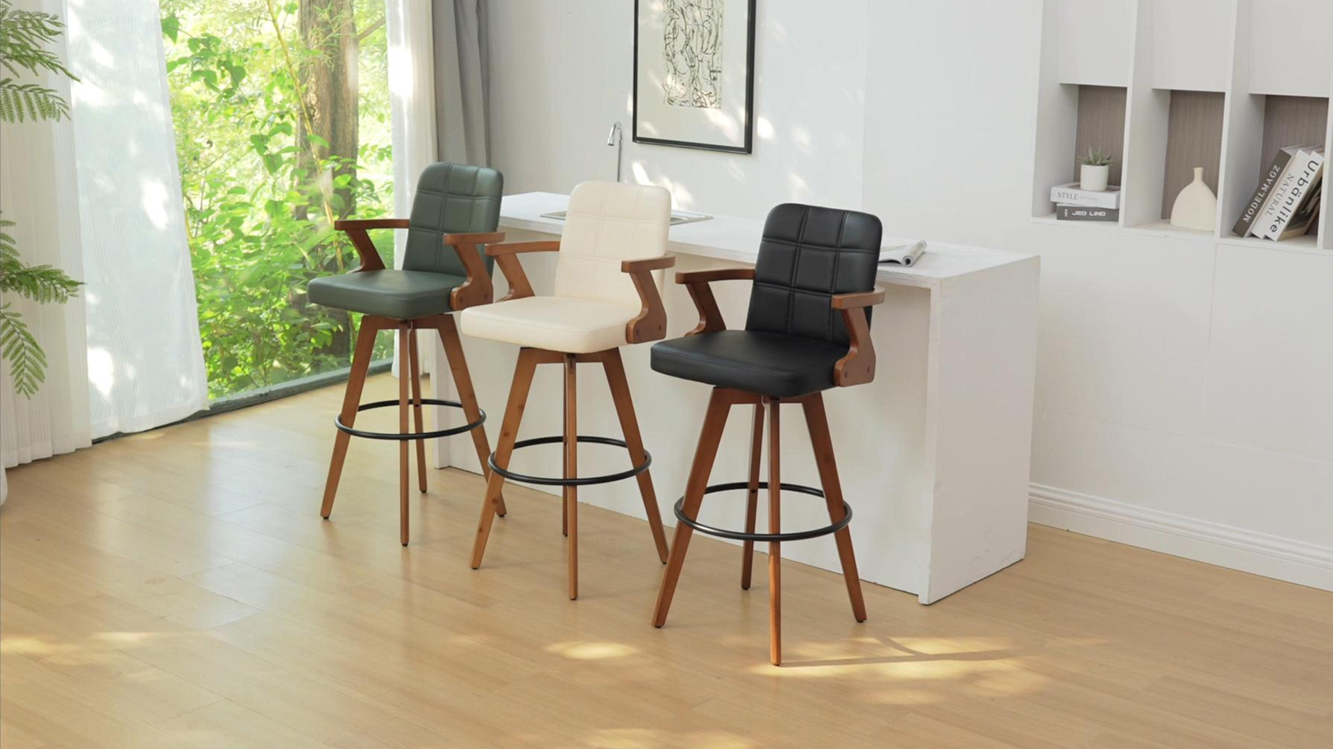 Butaco MEKLIBA de 26 pulgadas, tapizado en cuero sintético, con respaldo y brazos, giratorio, para isla de cocina, set de 3 unidades, color beige miniatura 7