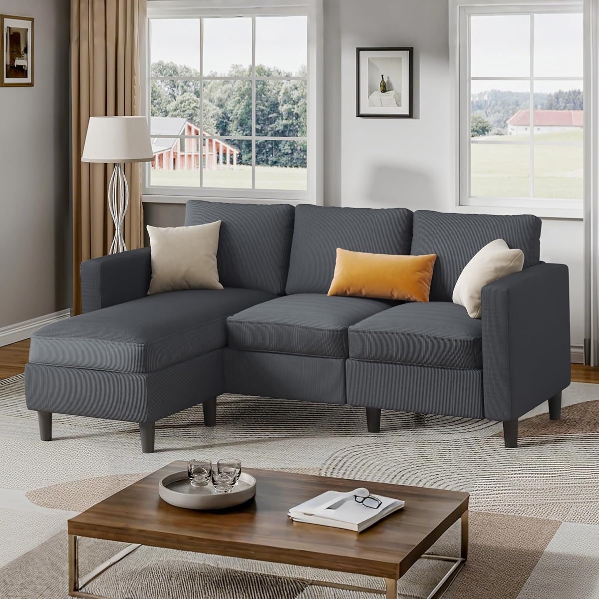 Shintenchi Small Sectional Sofa Couches,L Shape Convertible Sofa with Ottoman,3 Seat Comfy Corduroy Upholstered Sofa Couch,Small Couch for Apartment,Living Room and Office(Dark Grey)