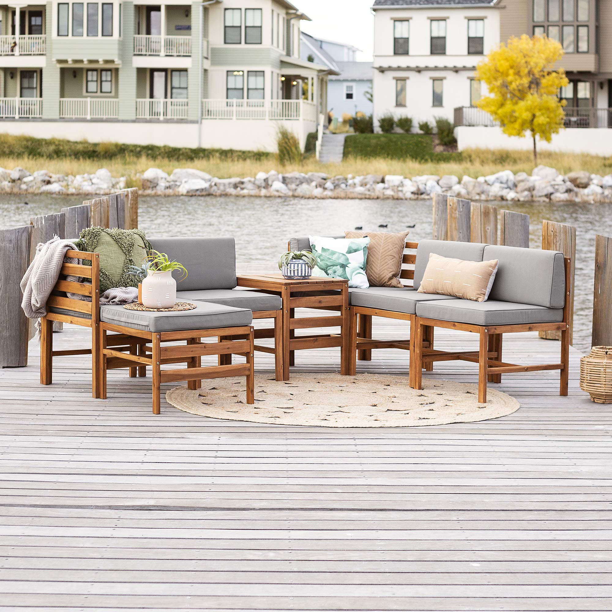 Walker Edison Raya Modern 7 Piece Modular Solid Acacia Wood Patio Set, Set of 7, Brown