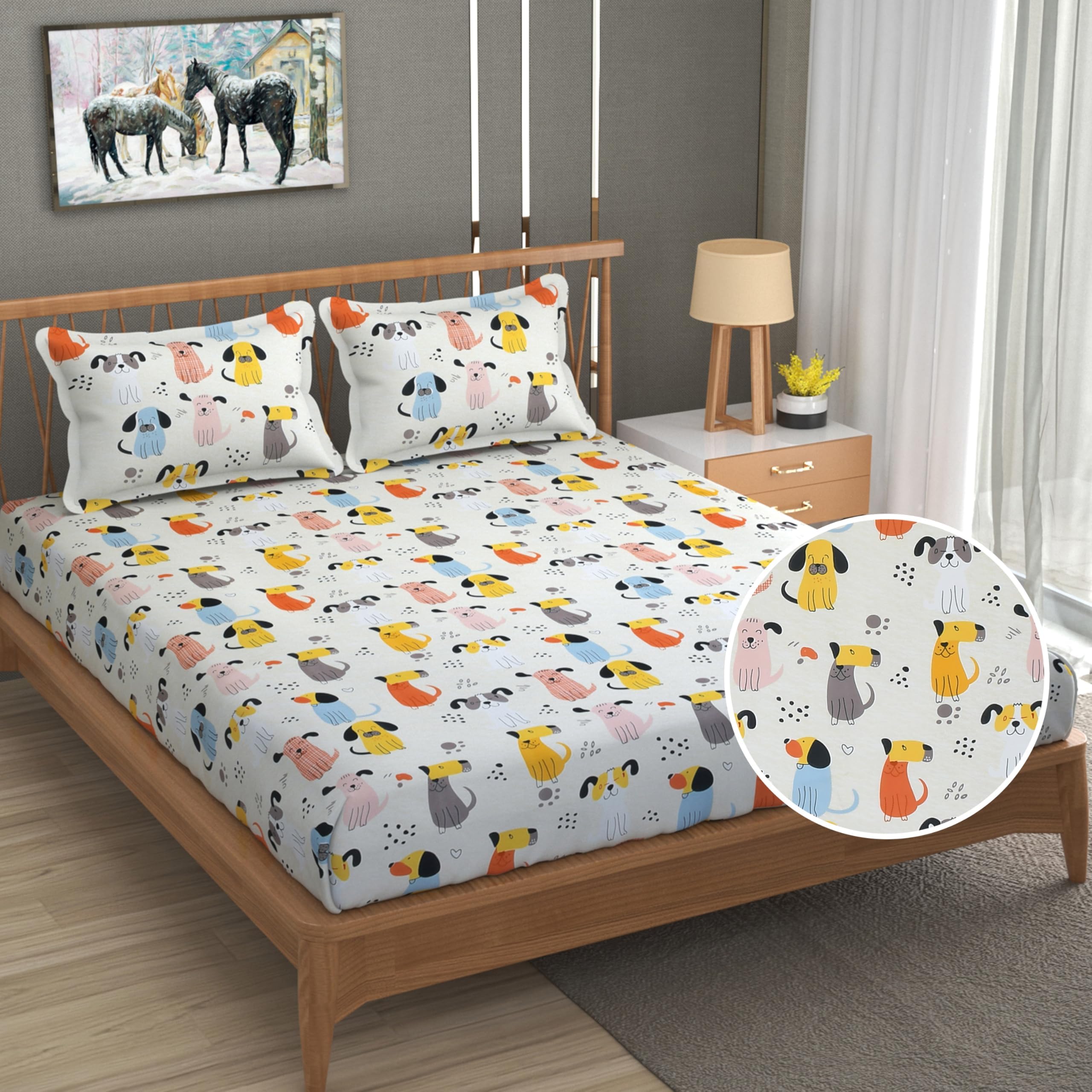 FRESH FROM LOOM Glace Cotton Hypoallergenic Elastic Fitted Bed Sheet with 2 Pillow Cover,Cartoon Printed,Bedsheet for Kids (Size,78 x 72 Inches (Fits up to 8 Inch), 300Tc