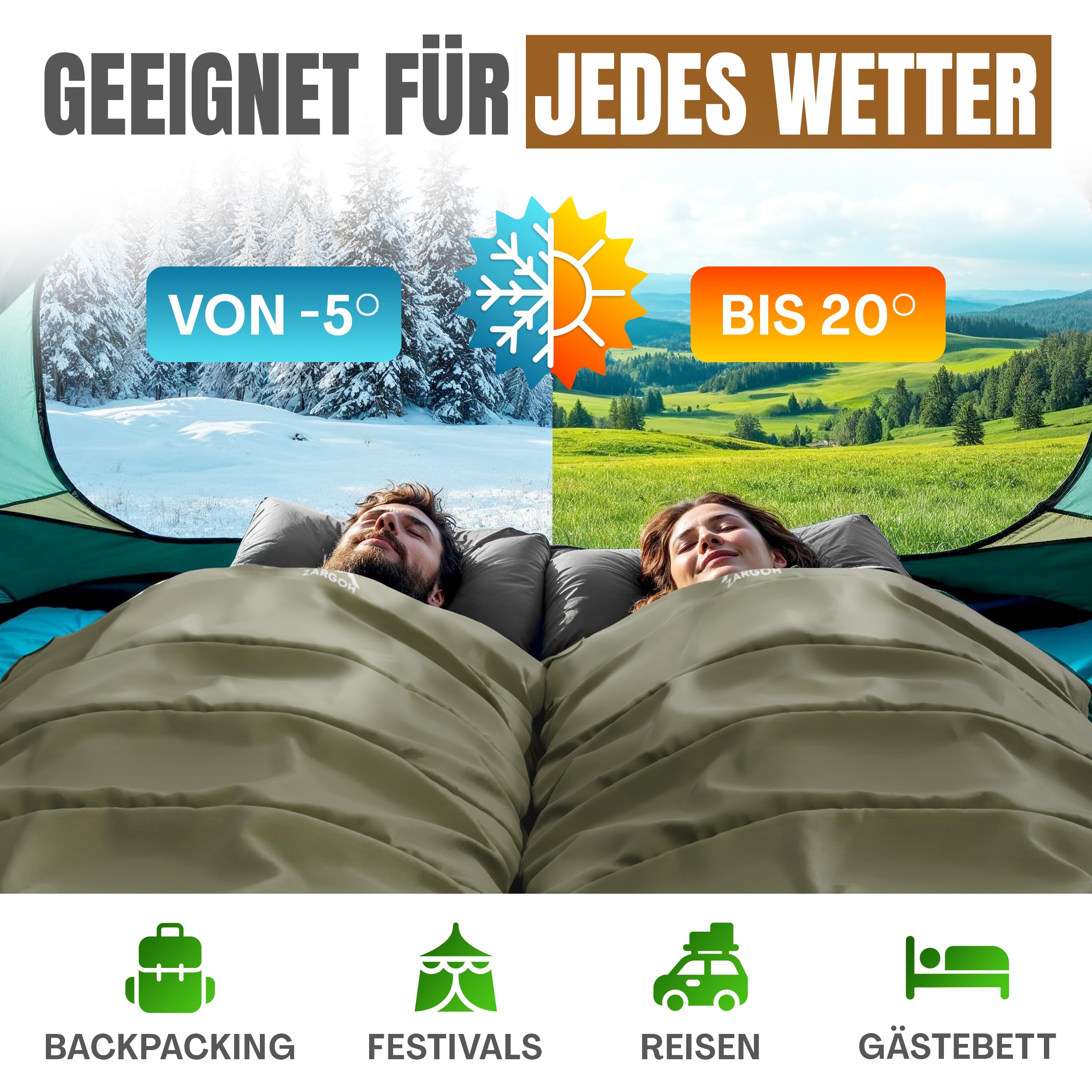 Schlafsack mit integrierbarer Isomatte & Fußpumpe – Outdoor Set für Festival, Trekking und 3-Jahreszeiten Camping