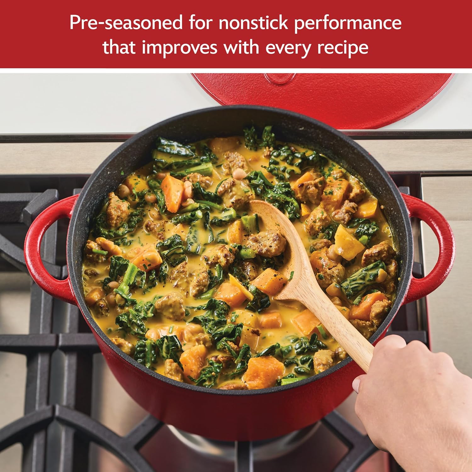 Farberware Disney Bon Voyage Pre-Seasoned Cast Iron Dutch Oven/Casserole Pan with Lid, Suitable for All Stovetops, Including induction, 4.75 Quart - Red