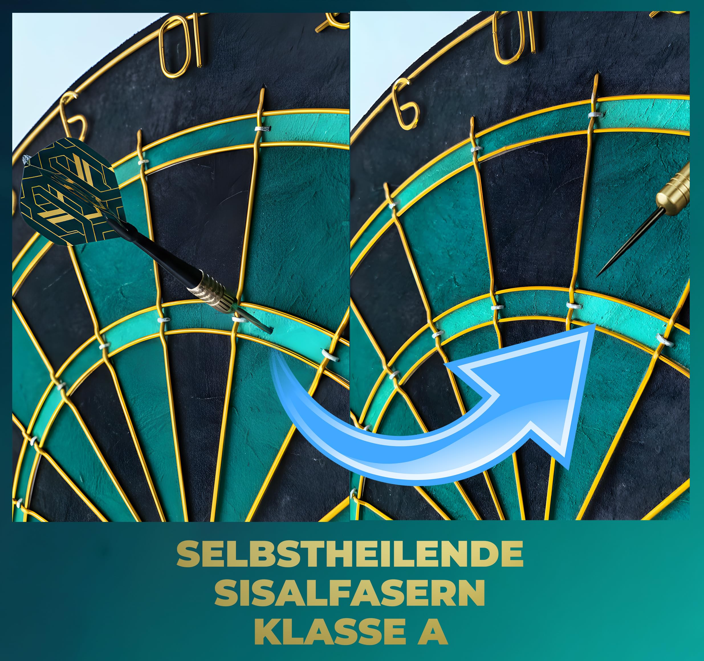 Dartscheibe Dartboard Sisal Professionell Türkis mit Goldener Zahlenring & Pfeilen - Profi Steeldartscheibe - Dart Scheibe Target mit 6 Dartpfeilen Metallspitze golddart Flight Barrels shafts schäfte