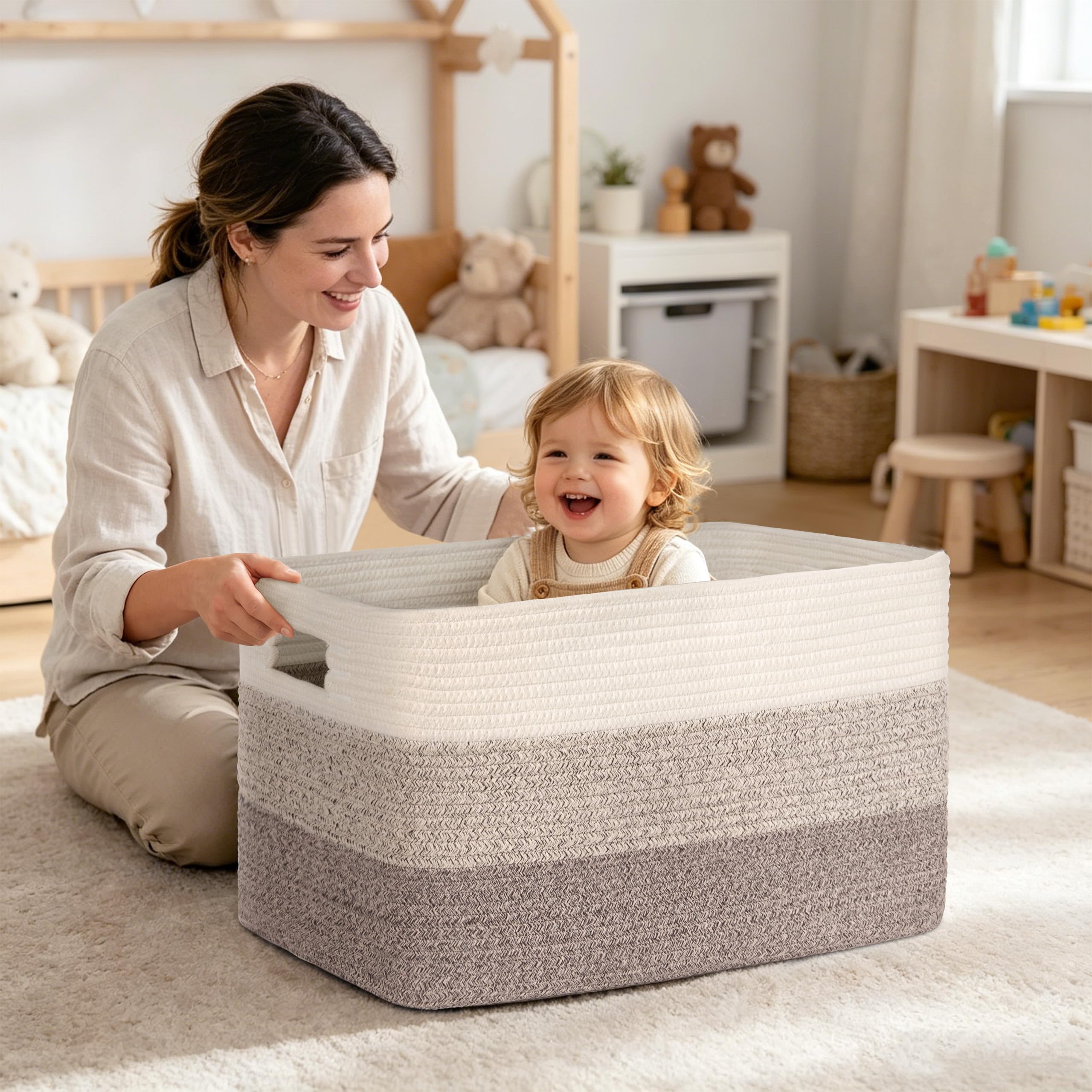 Grande Contenitore 86L in corda di cotone, cesto per giocattoli, coperte, vestiti, cesto per biancheria intrecciato con maniglie, per arredo camera bambini o soggiorno, sfumatura marrone