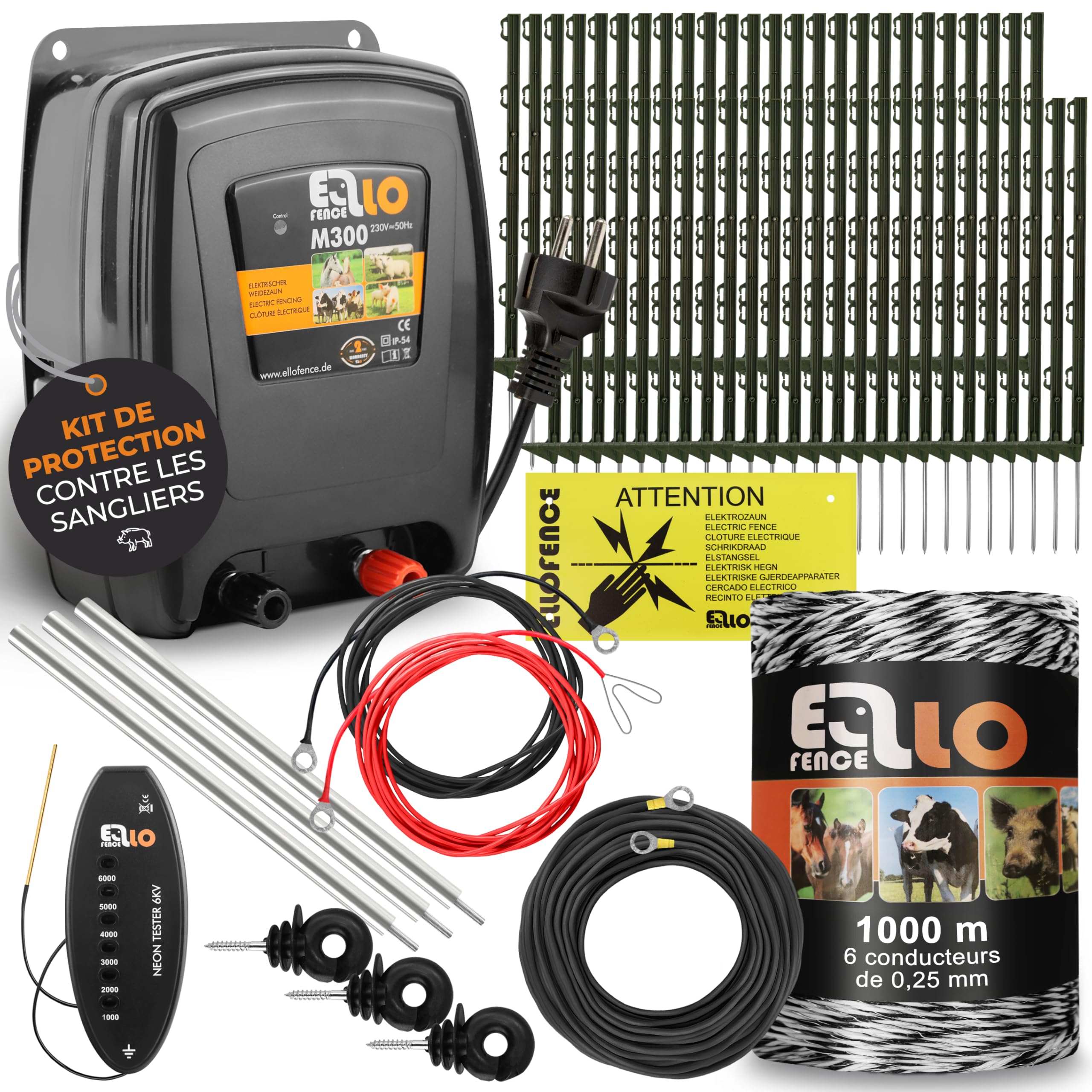 Kit de protection contre les sangliers Ellofence 250m – Clôture électrique pour repousser les sangliers – Appareil puissant avec mise à la terre – Matériau de clôture haut de gamme