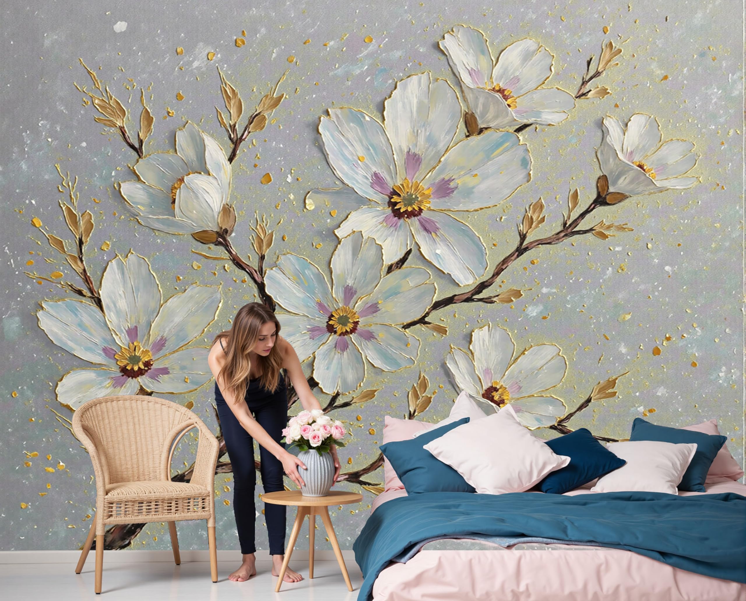 Papier Peint Panoramique 3D Fleur Magnolia 450x315cm Beige Or