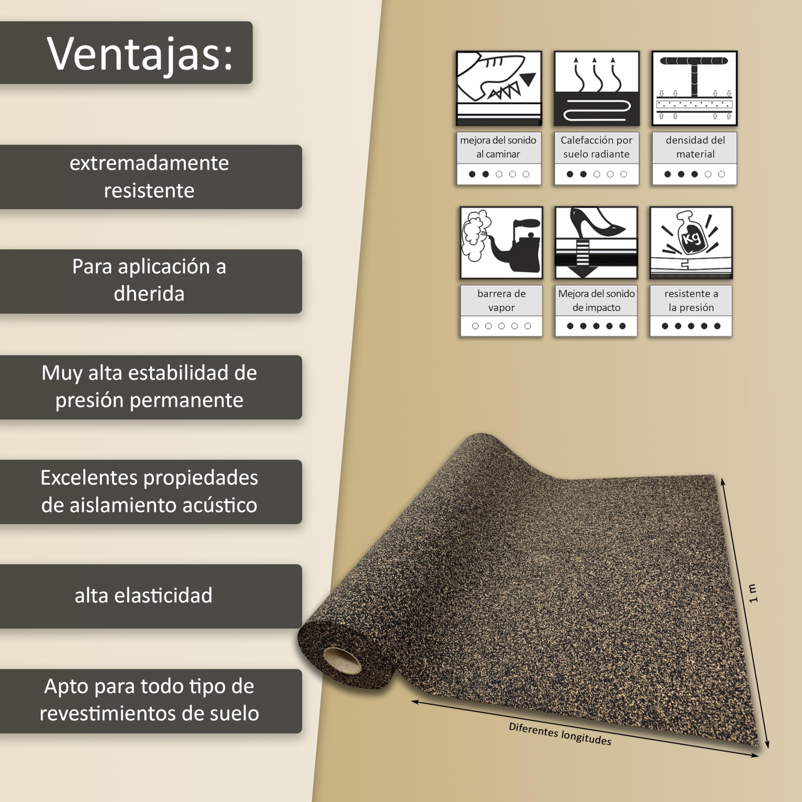 Capa base de corcho de caucho TRECOR® [5 m²], extremadamente resistente, aislamiento acústico como base laminada/base de parquet/base de vinilo, aislamiento acústico superior (Espesor 2 mm, 1 m²)