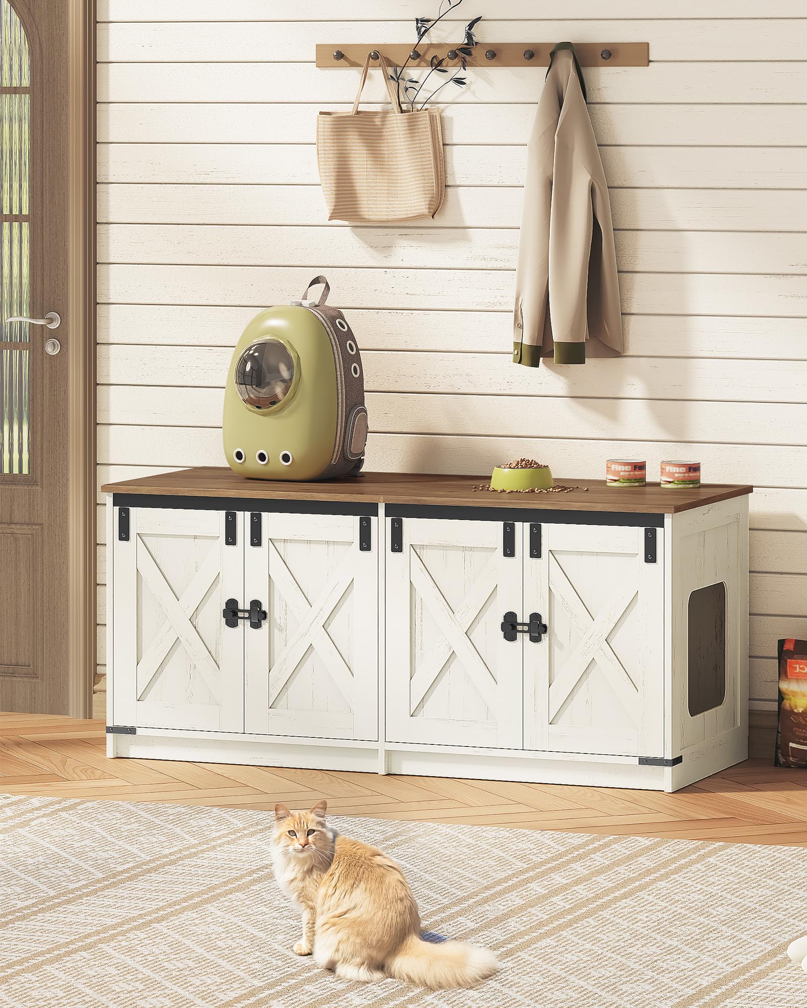 Hzuaneri Maison de Toilette Chat, Meuble Litiere pour 2 Chats, Meuble pour Bac à Litière Caché, Maison pour Chat D'intérieur, Style Ferme, 119 x 48 x 53,5 cm, Marron Rustique et Blanc CB85314X
