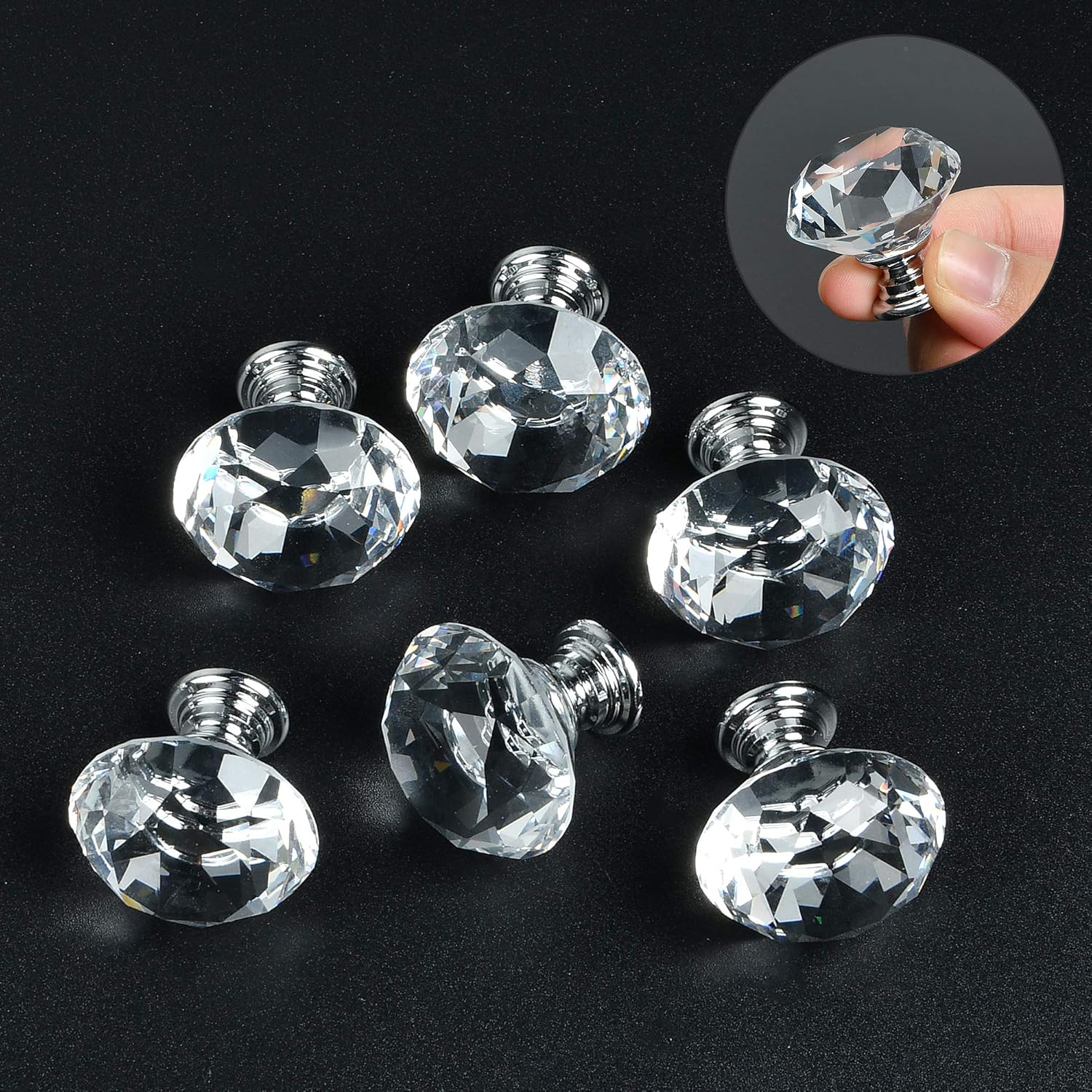 30 pcs Crystal Drawer Knobs, Crystal Glass Dresser Knobs with Screws, Clear Diamond Shape Pulls Handles for Cabinet Drawers, Cupboard Wardrobe Pulls Decoration (1.18in)